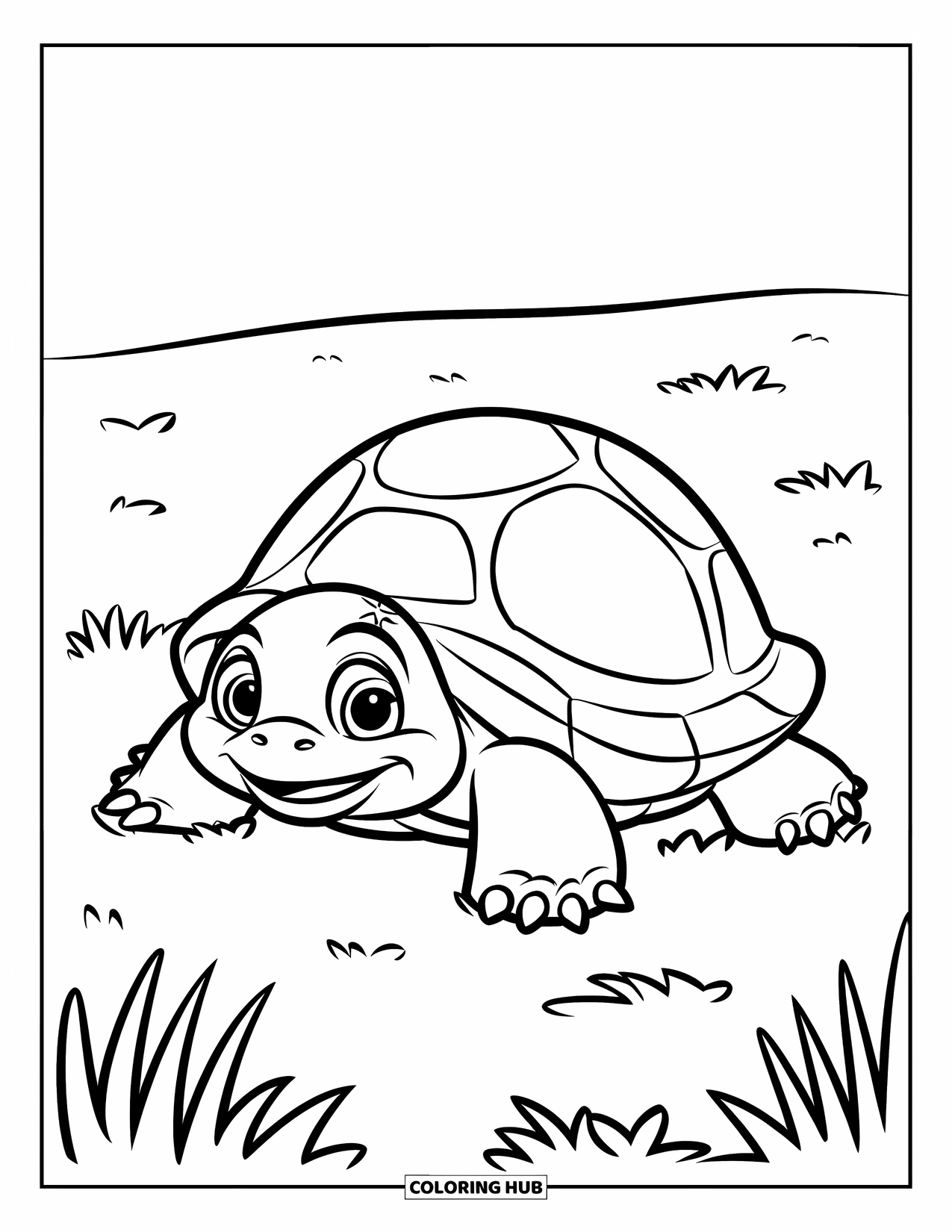Reptile Coloring Page for Kids: Playful turtle moves slowly across a simple grassy area
