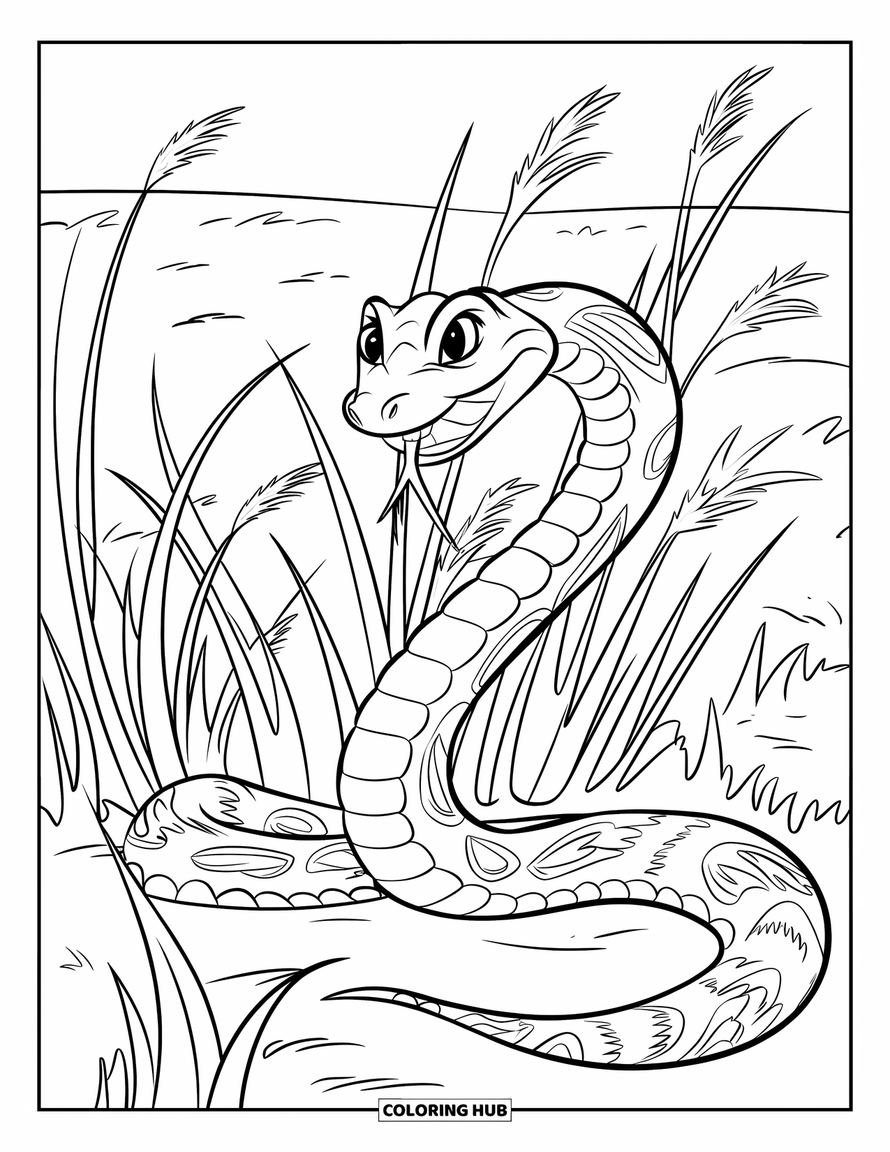 Reptile Coloring Page for Kids: Rattlesnake with patterned back rests in windy grassy field