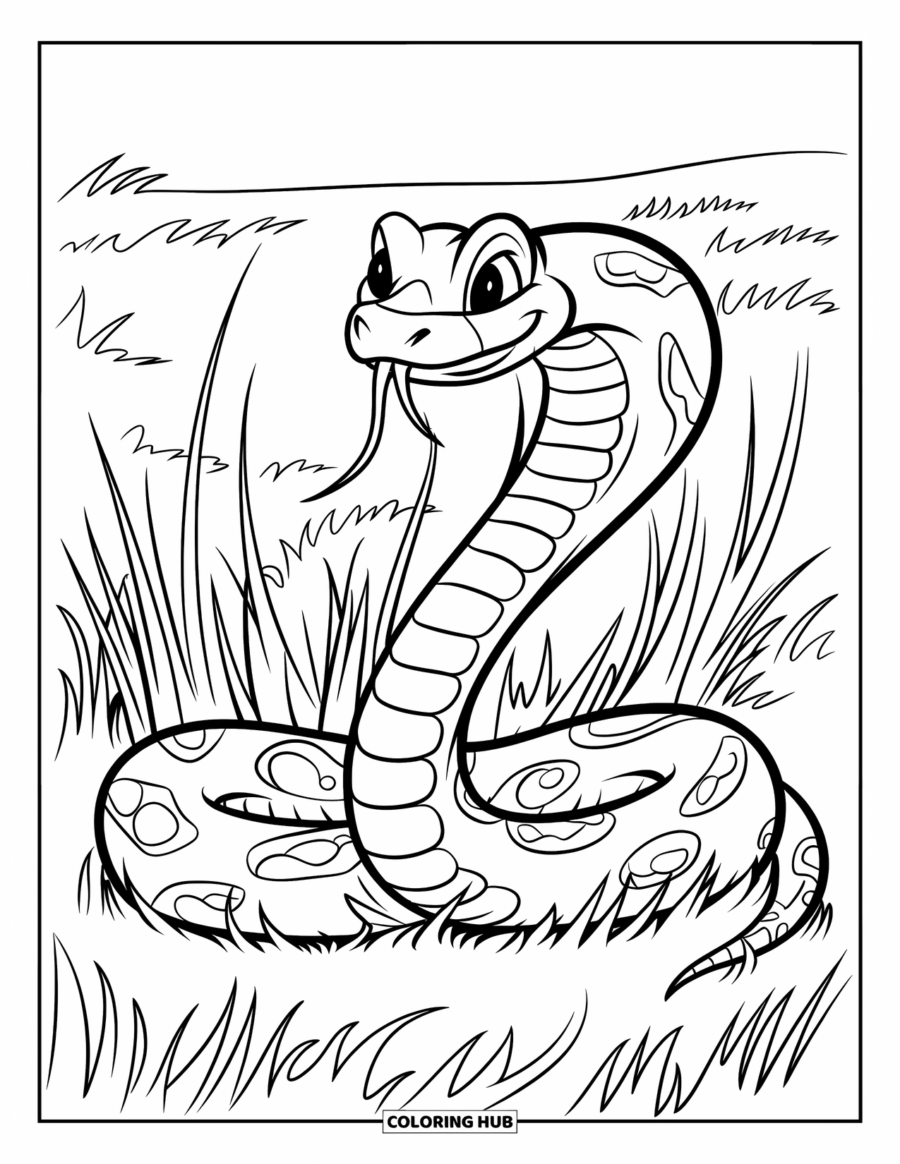 Reptile Coloring Page for Kids: Rattlesnake with thick body sits quietly in a grassy plain