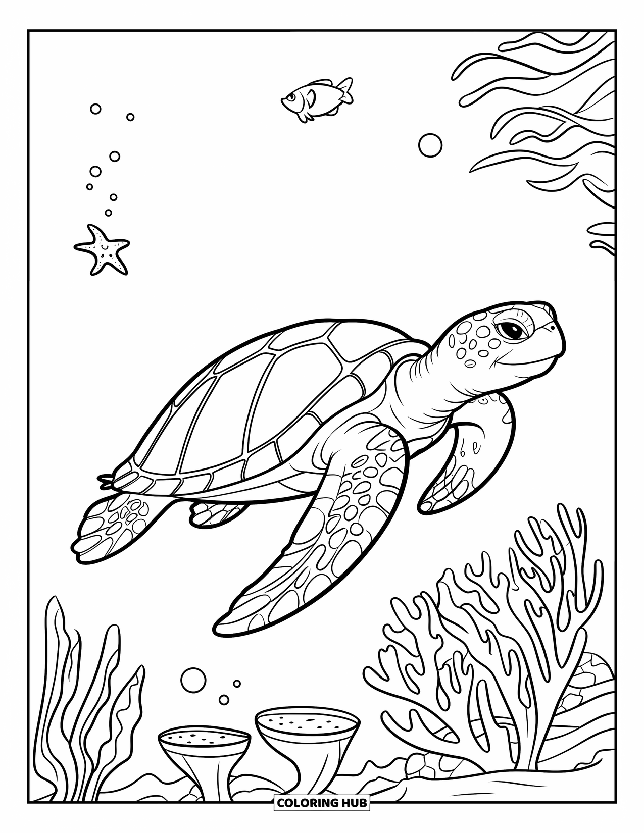 Reptile Coloring Page for Kids: Sea turtle swims above coral and seaweed in the ocean