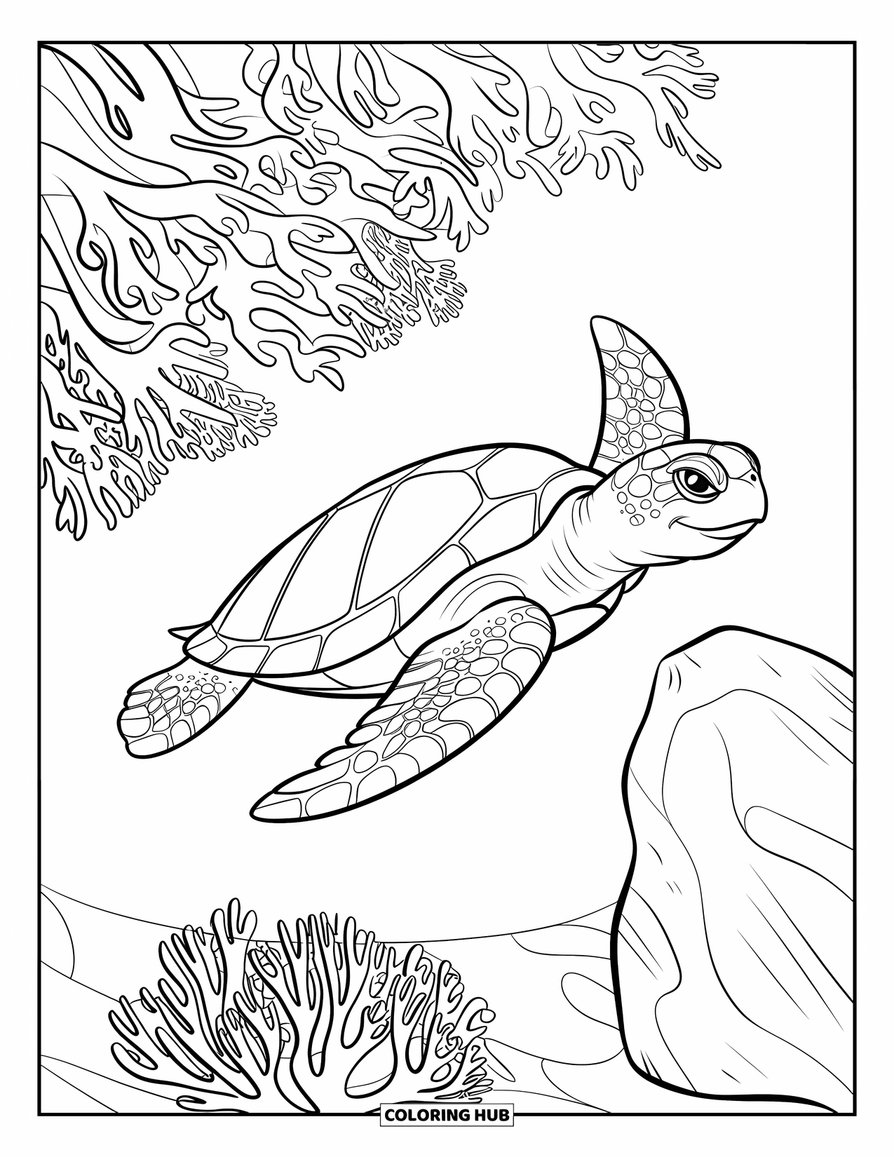 Reptile Coloring Page for Kids: Sea turtle swims above detailed coral with a rock nearby