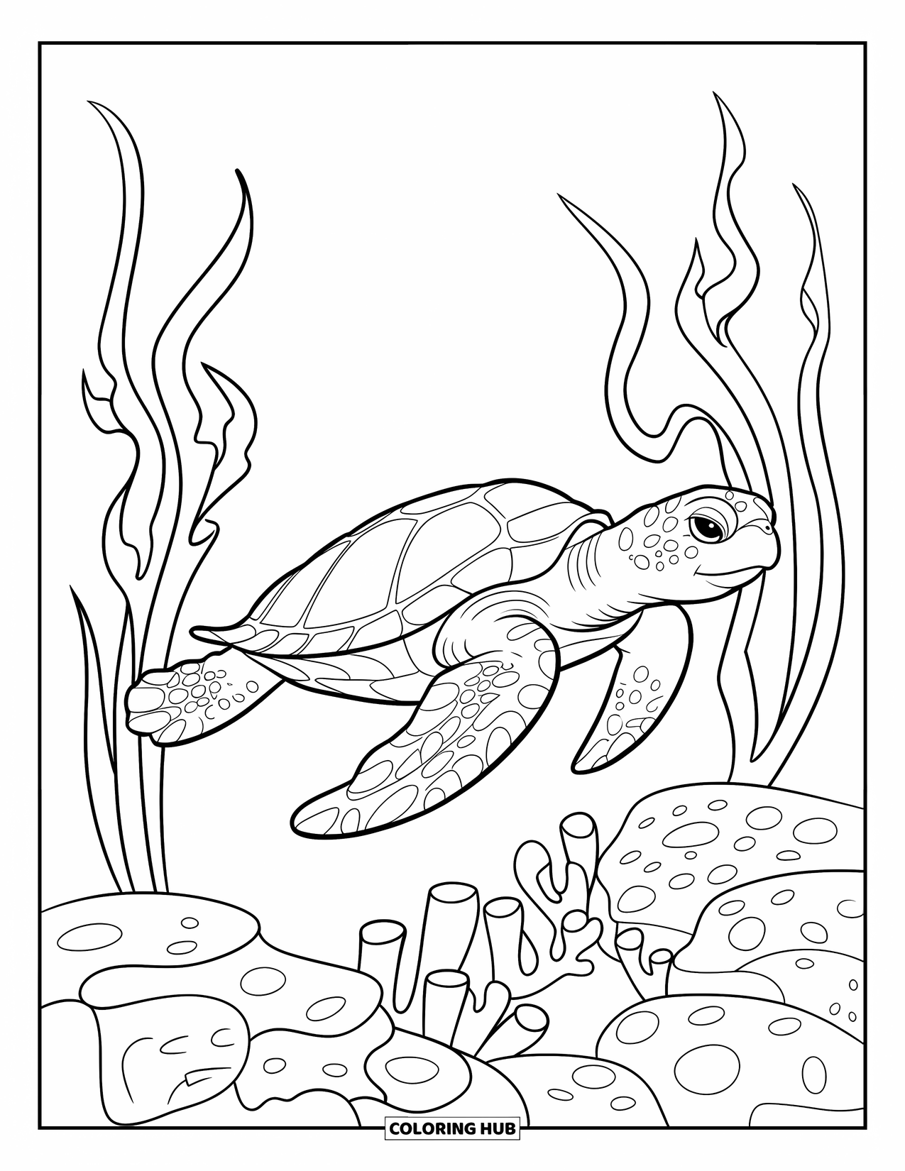 Reptile Coloring Page for Kids: Sea turtle with big shell glides through thin seaweed and coral