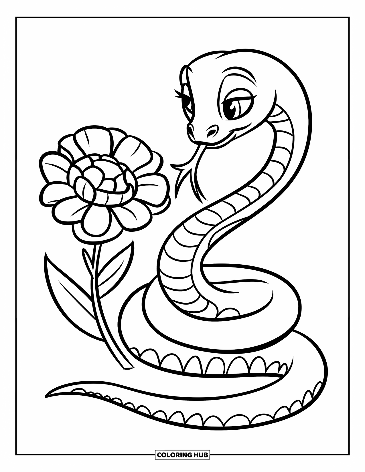 Reptile Coloring Page for Kids: Simple snake curled beside a flower on a plain white background