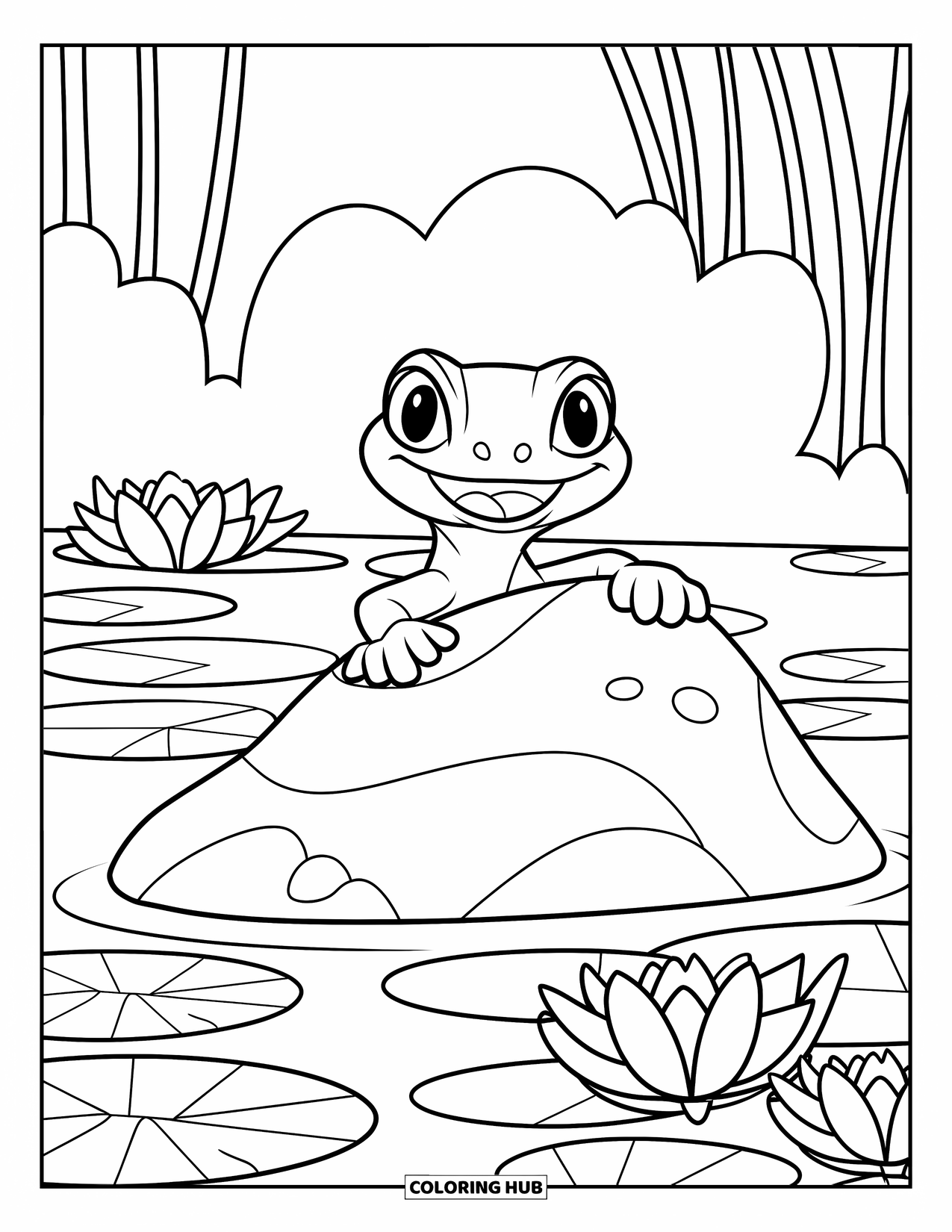 Reptile Coloring Page for Kids: Smiling gecko on a lily pad near lotus flowers and trees