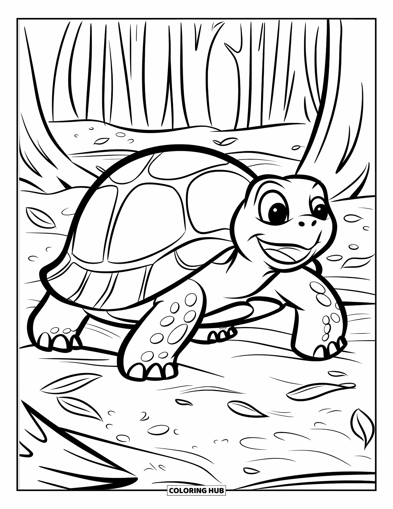 Reptile Coloring Page for Kids: Smiling tortoise walks over leafy dirt in a forest