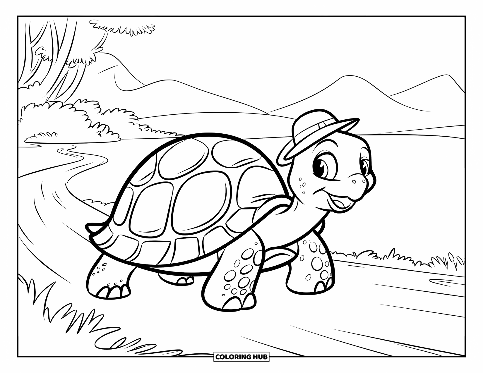 Reptile Coloring Page for Kids: Smiling tortoise with a hat walks past flowers and trees