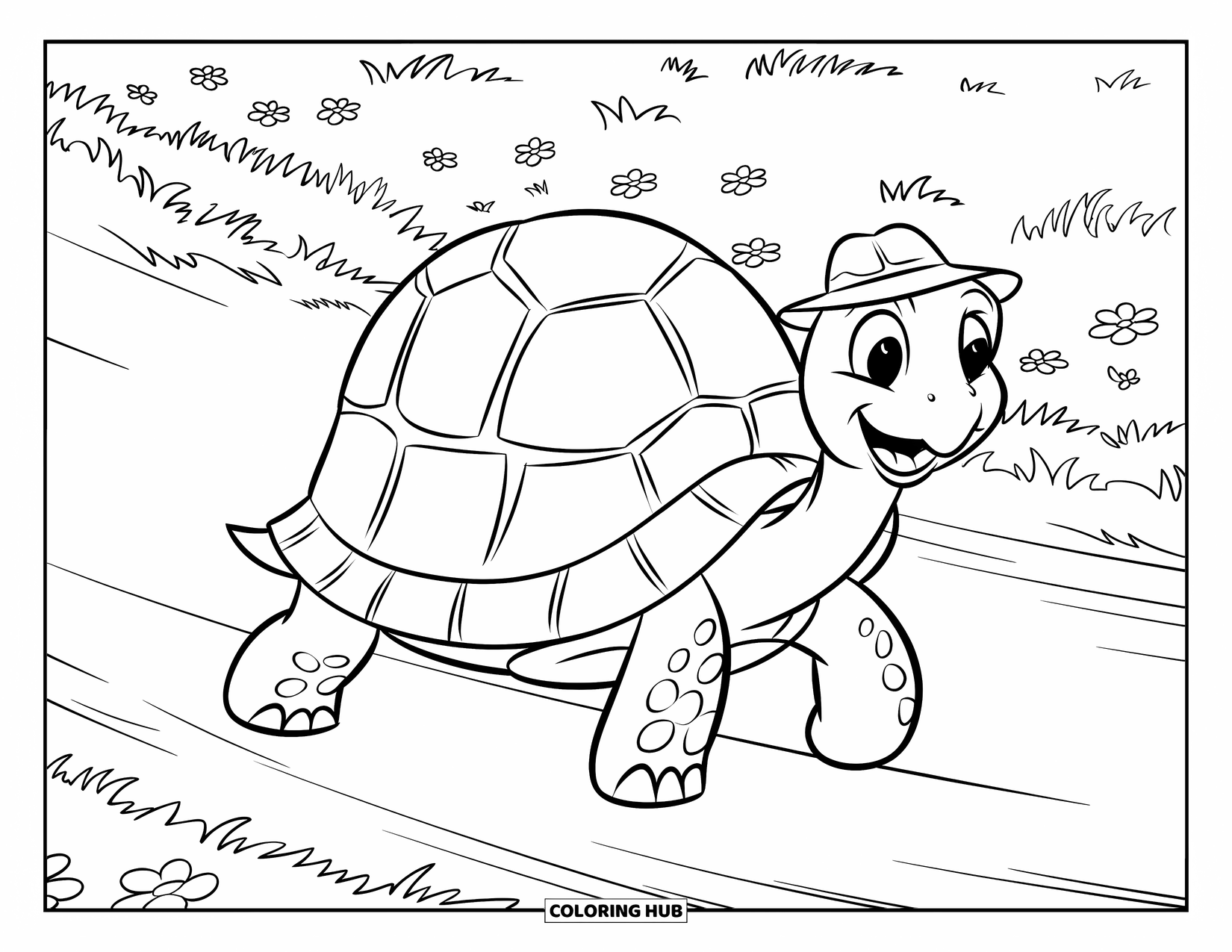 Reptile Coloring Page for Kids: Tortoise strolls slowly through a field with a small hat