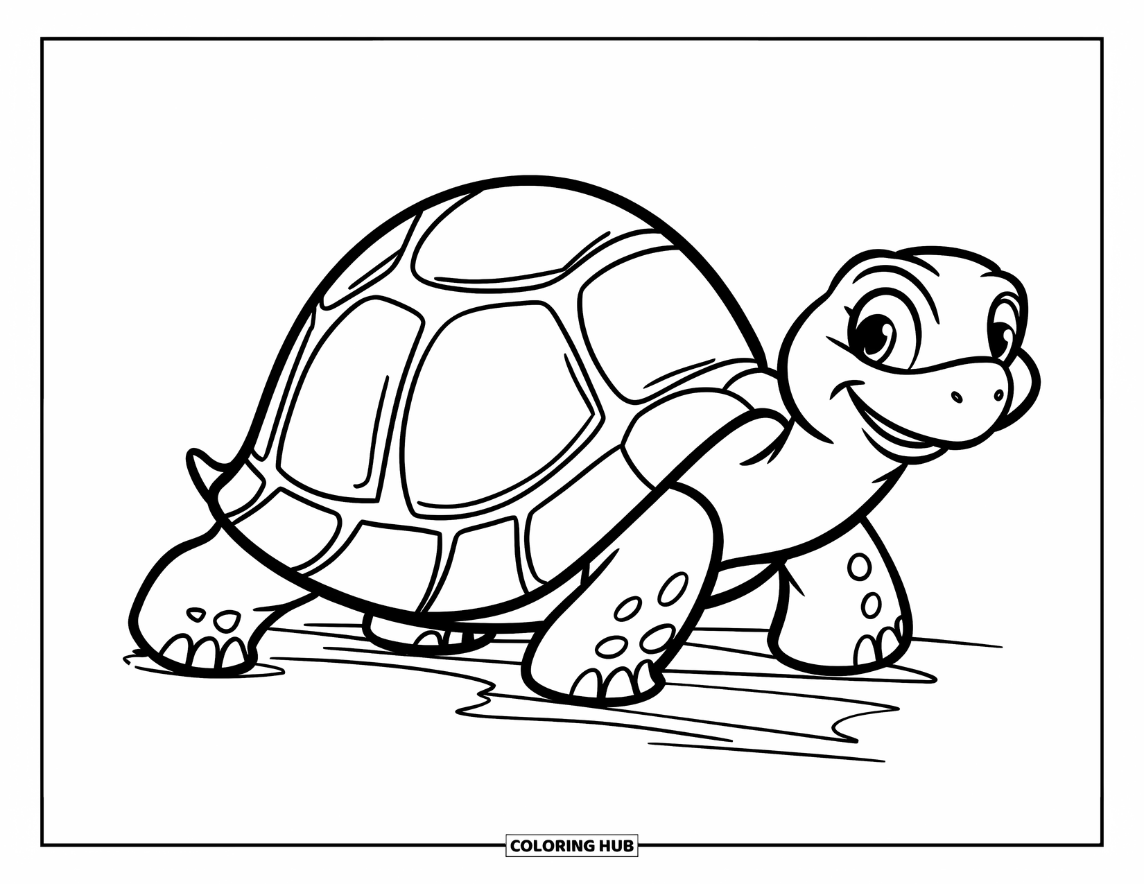 Reptile Coloring Page for Kids: Tortoise with bumpy shell walks happily down a clear path