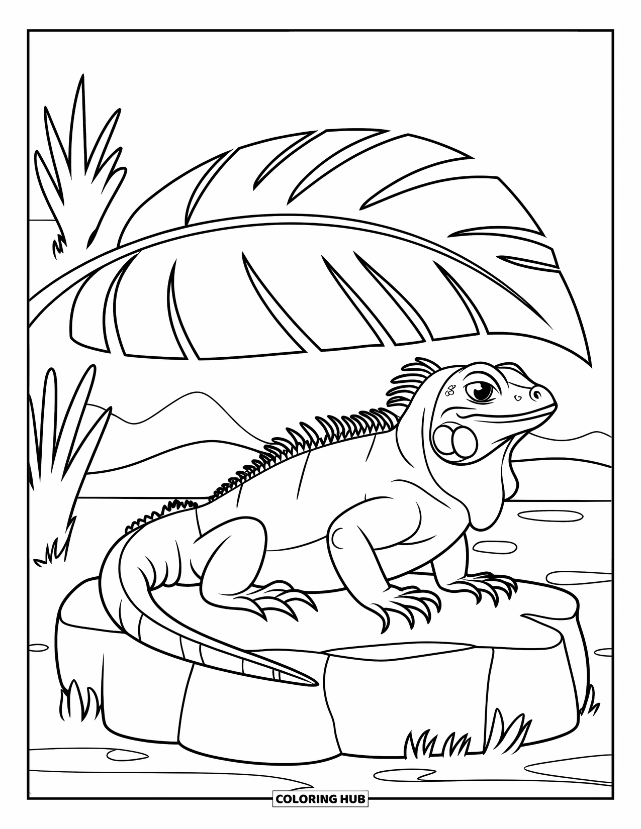 Reptile Coloring Page for Kids: Wide-eyed iguana rests under a leaf with a distant mountain view
