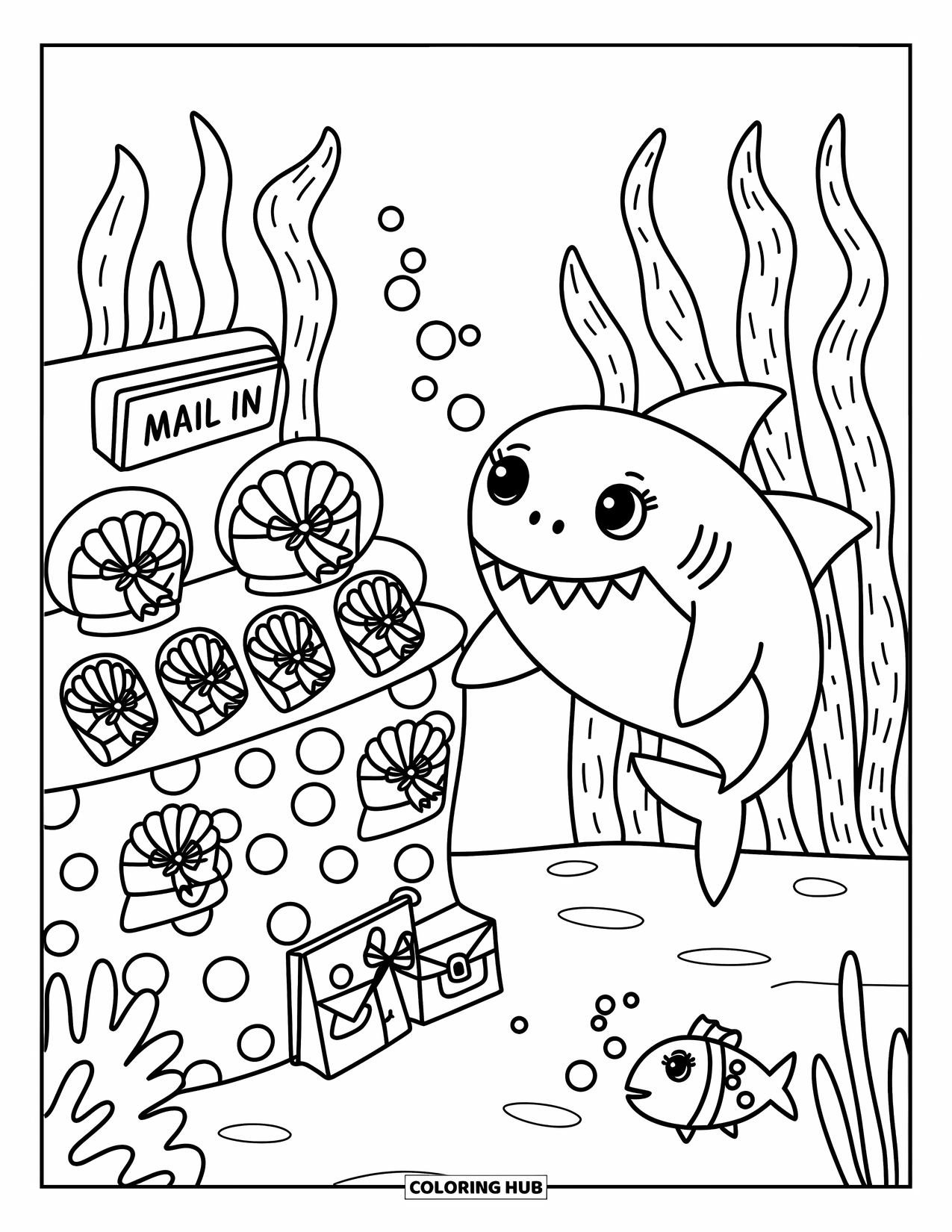 Hai Ausmalbild für Erwachsene: Ein freundlicher Hai verschickt Schriftrollen in der Nähe von Seetangschleifen und schwebenden Beuteln