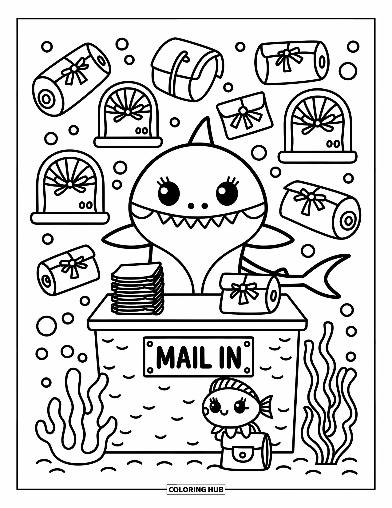 Hai Ausmalbild für Erwachsene: Ein sanfter Hai betreibt eine Unterwasser-Poststation mit Muschel-Briefkästen