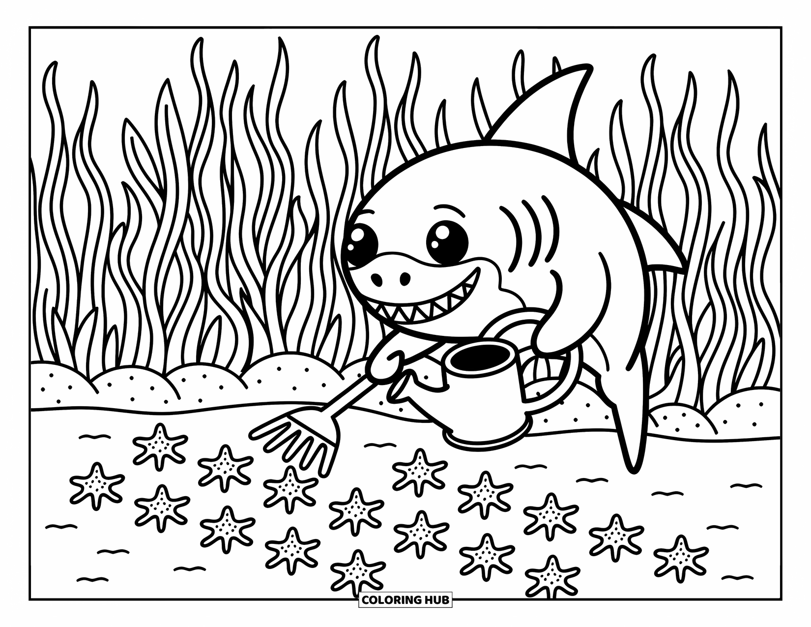 Hai Ausmalbild für Erwachsene: Ein Kawaii-Hai pflegt mit Seesternen gesäumte Seetangreihen in einem Unterwassergarten