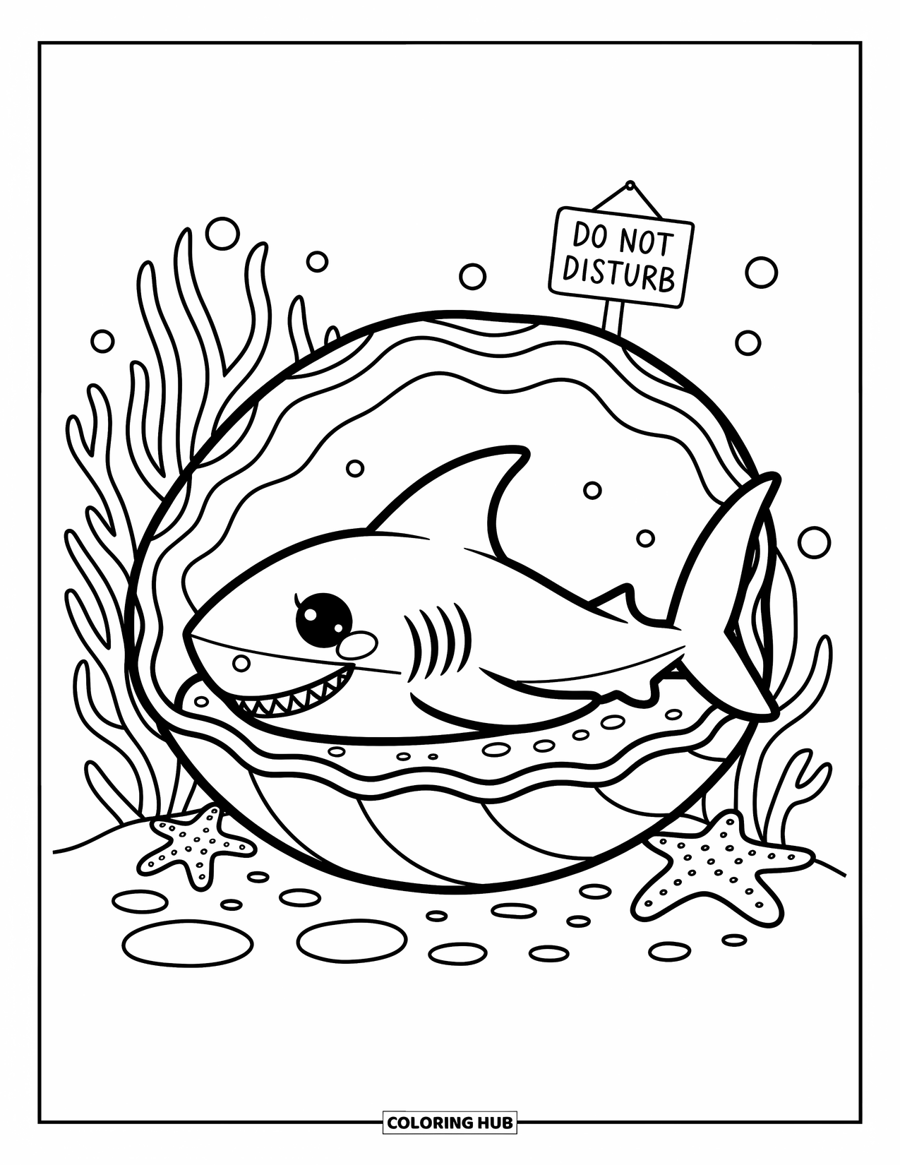 Hai Ausmalbild für Erwachsene: Ein schlafender Hai ruht friedlich unter treibenden Blasen und Korallen