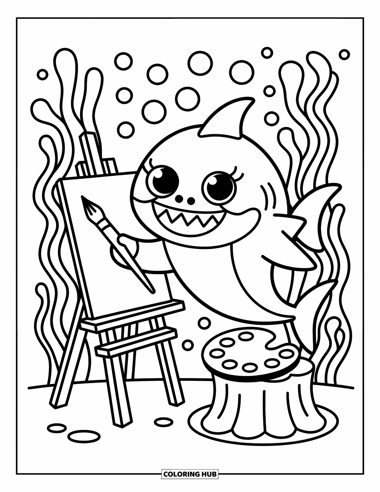 Hai Ausmalbild für Erwachsene: Ein malender Hai verwendet Anemonen als Farbhalter im Riff