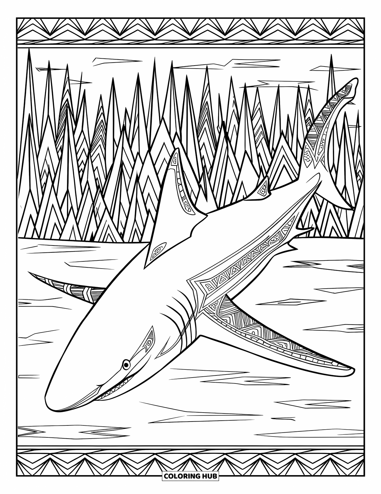 Hai-Ausmalbild für Erwachsene: Ein gemusterter Hammerhai schwimmt an Wasserwellen und einem Wald aus hohen Formen vorbei