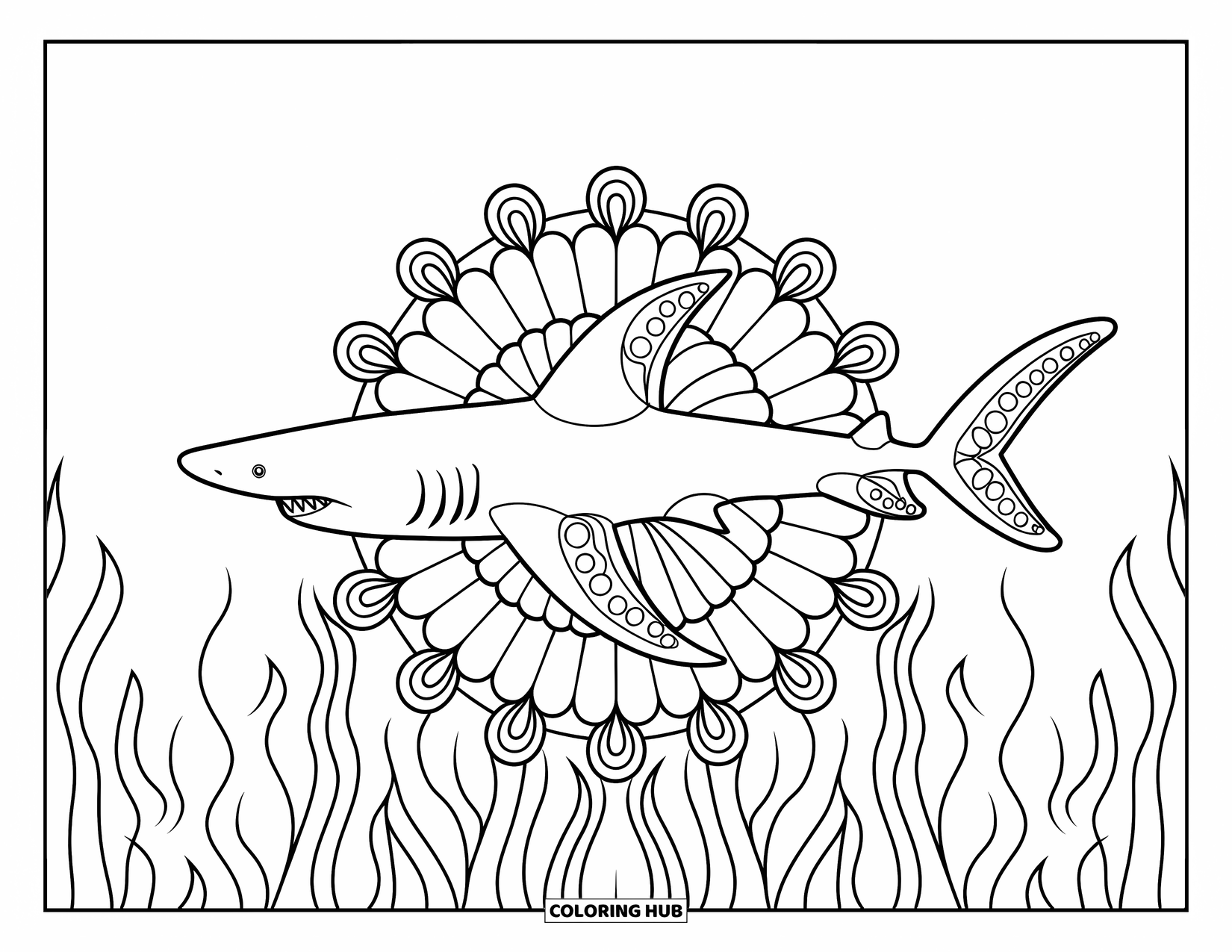 Hai Ausmalbild für Erwachsene: Ein gemusterter Hai mit Mandala-Flossen schwimmt durch Meeresranken auf einem sauberen, weißen Hintergrund