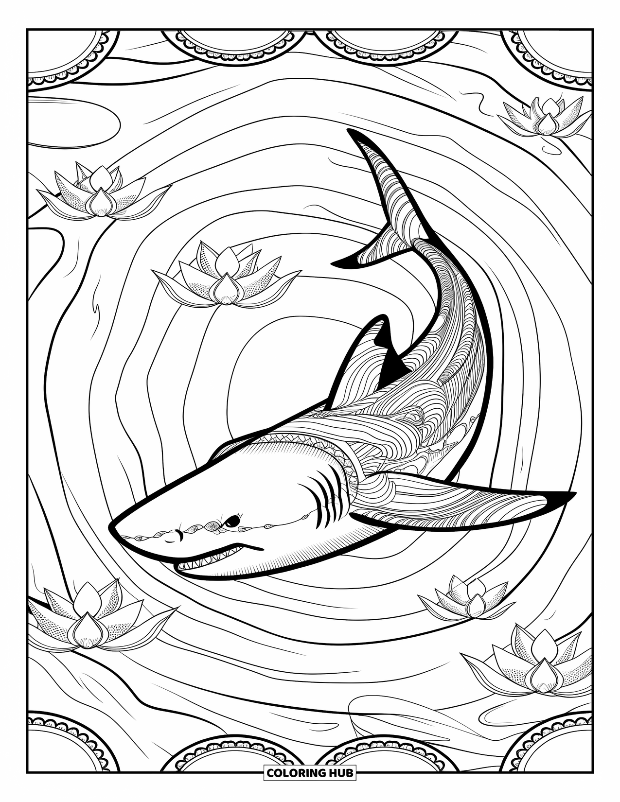 Hai Ausmalbild für Erwachsene: Ein gemusterter Zen-Hai schwimmt durch Wellen und Lotusformen mit einer dekorativen Bordüre
