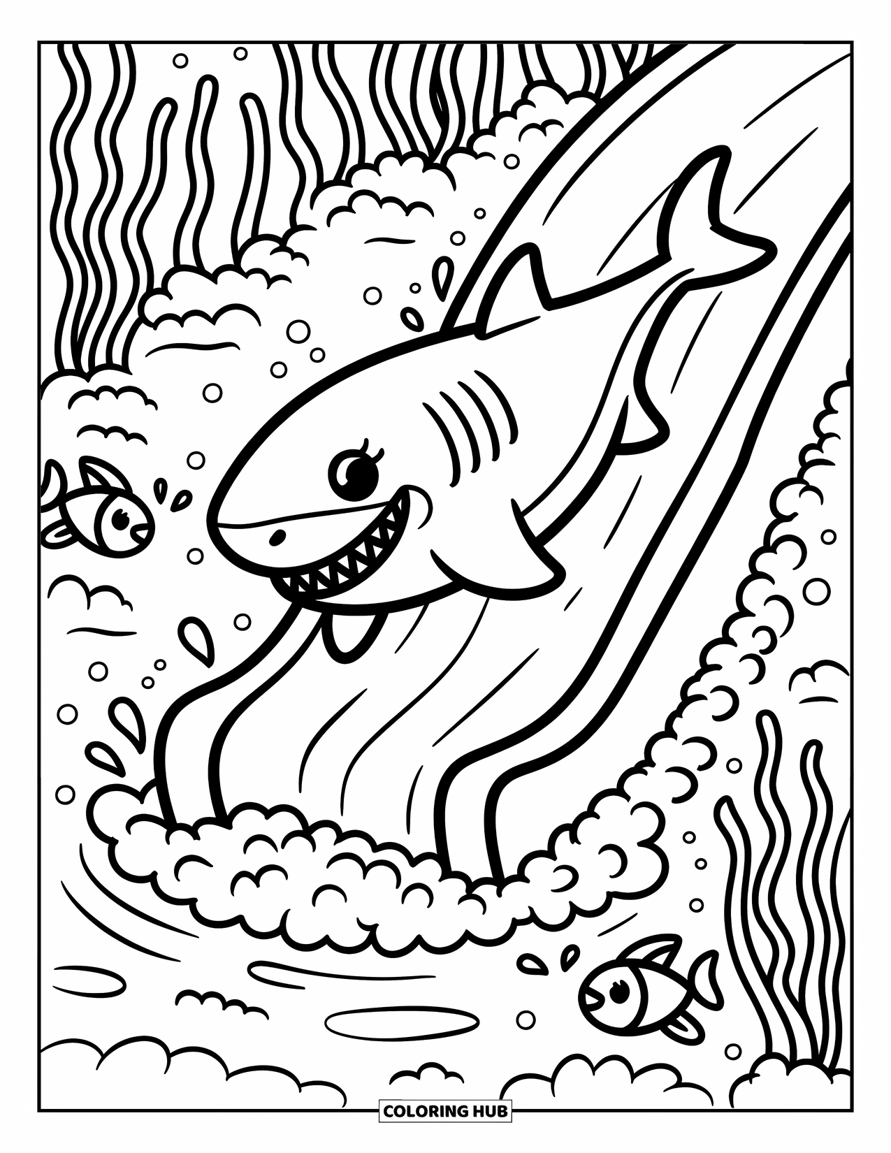 Hai Ausmalbild für Erwachsene: Ein verspielter Hai platscht in Seetangschaum in einem Wasserpark-Riff