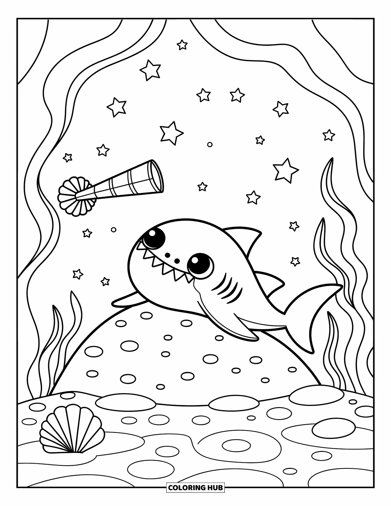Hai Ausmalbild für Erwachsene: Ein entspannter Hai blickt auf leuchtende Meereslichter und Papiersterne