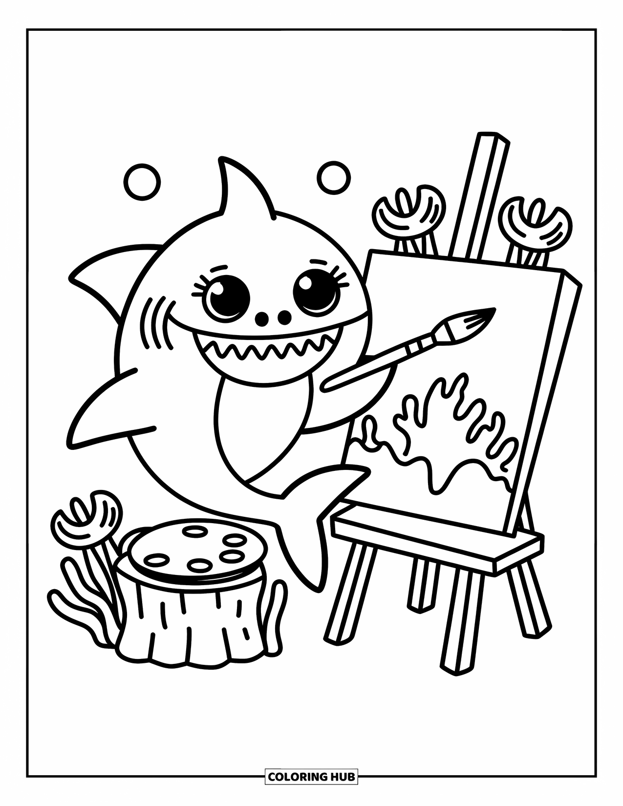 Hai Ausmalbild für Erwachsene: Ein Hai malt Korallenszenen auf einer Muschelstaffelei in der Nähe von niedlichen Anemonen