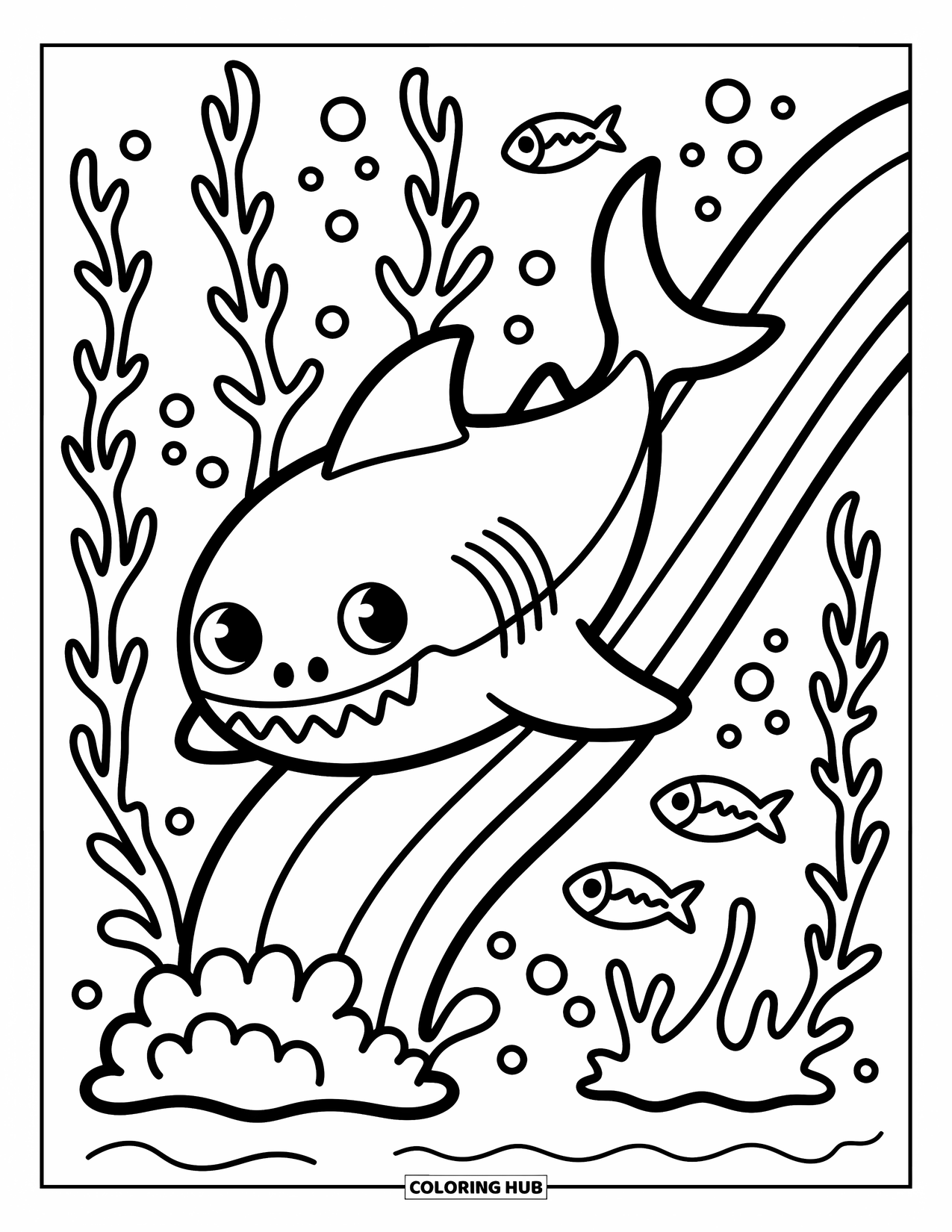 Hai Ausmalbild für Erwachsene: Ein Hai reitet auf einer Meerespflanzenrutsche mit sprudelndem Spaß rundherum