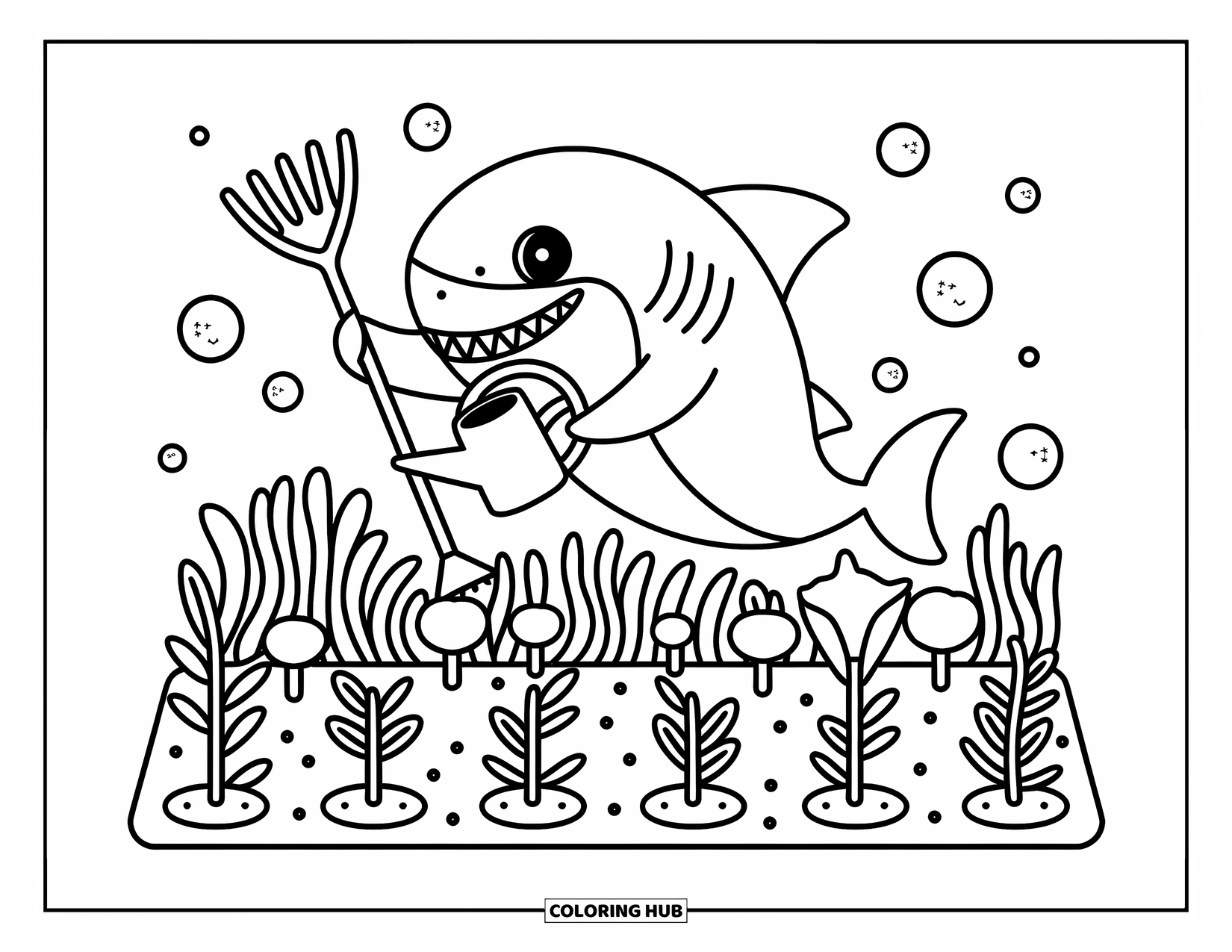 Hai Ausmalbild für Erwachsene: Ein Hai bewässert Meerespflanzen in der Nähe von Korallen und sprudelnden Seesternreihen