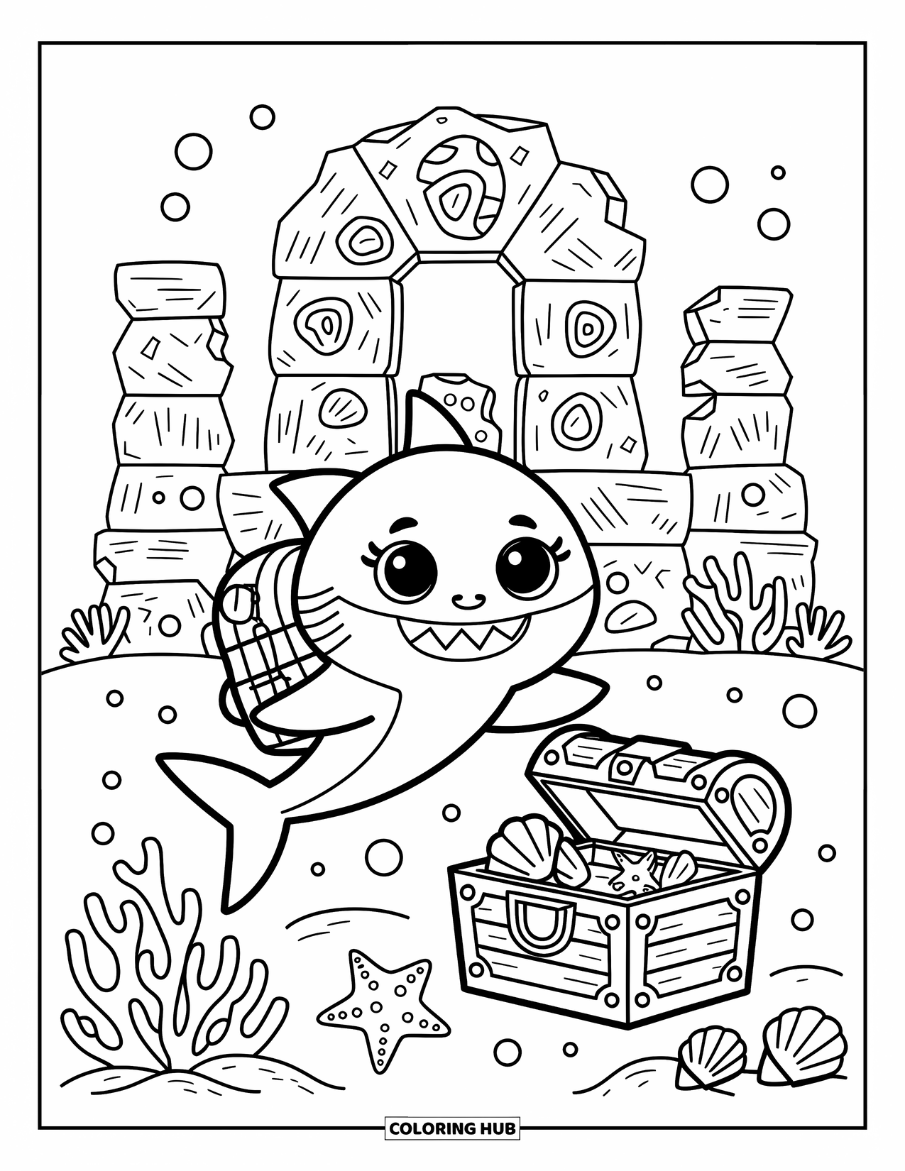 Hai Ausmalbild für Erwachsene: Ein Hai mit einer Karte erkundet Korallenruinen und vergrabenes Gold