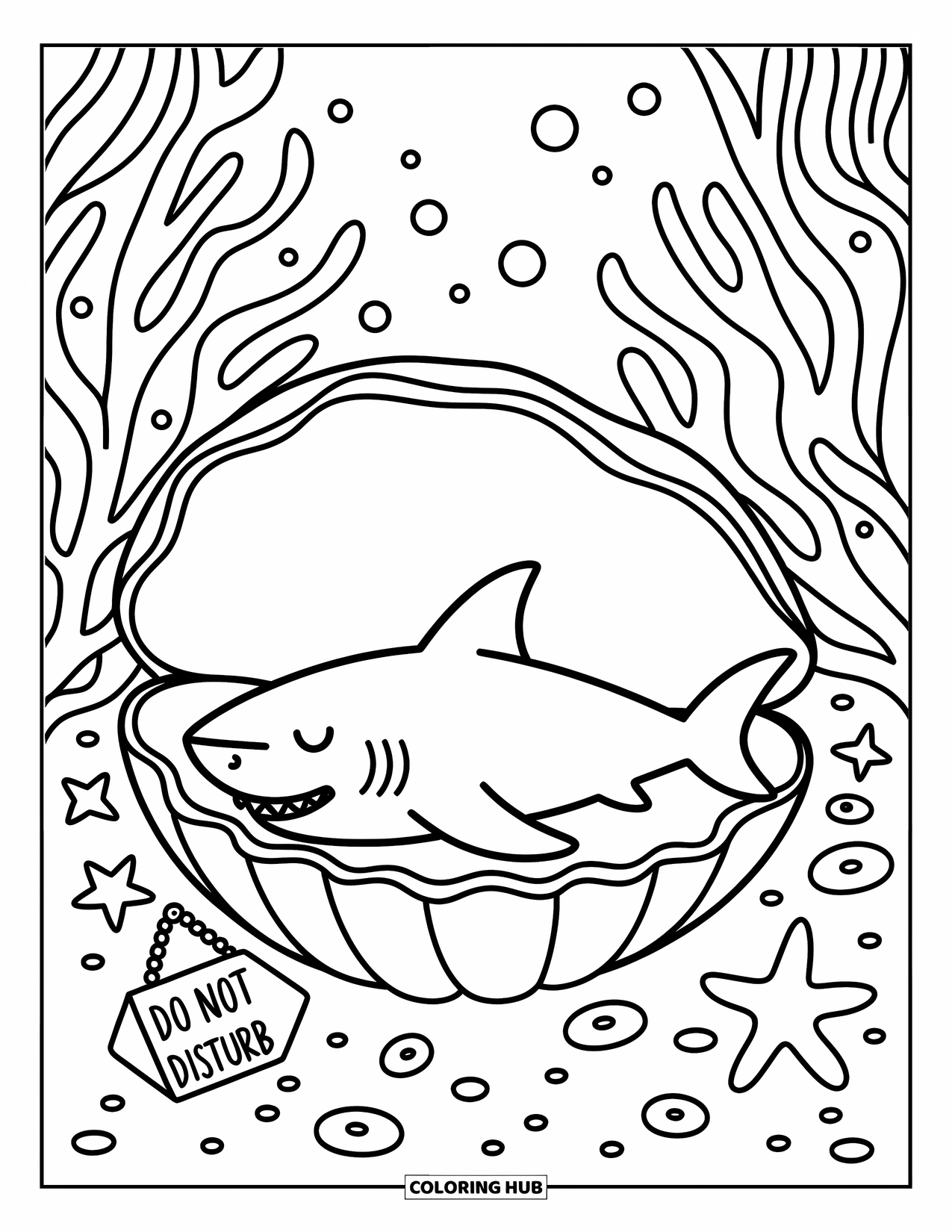 Hai Ausmalbild für Erwachsene: Ein verschlafener Hai macht ein Nickerchen in einer Muschel mit einem „Bitte nicht stören“-Schild