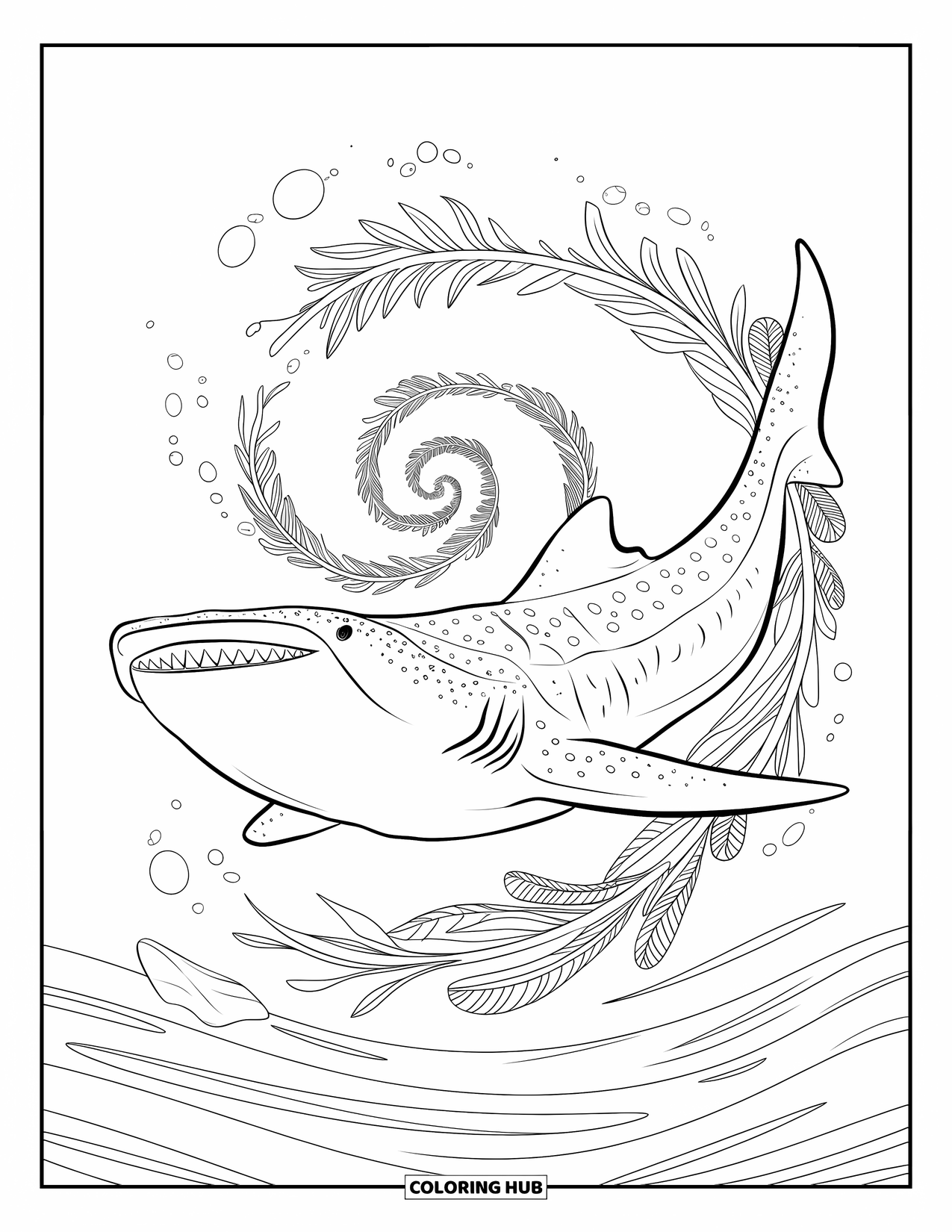 Hai Ausmalbild für Erwachsene: Ein lächelnder Walhai schwimmt in einer Spirale, umgeben von Meerespflanzen und sanften Wellen