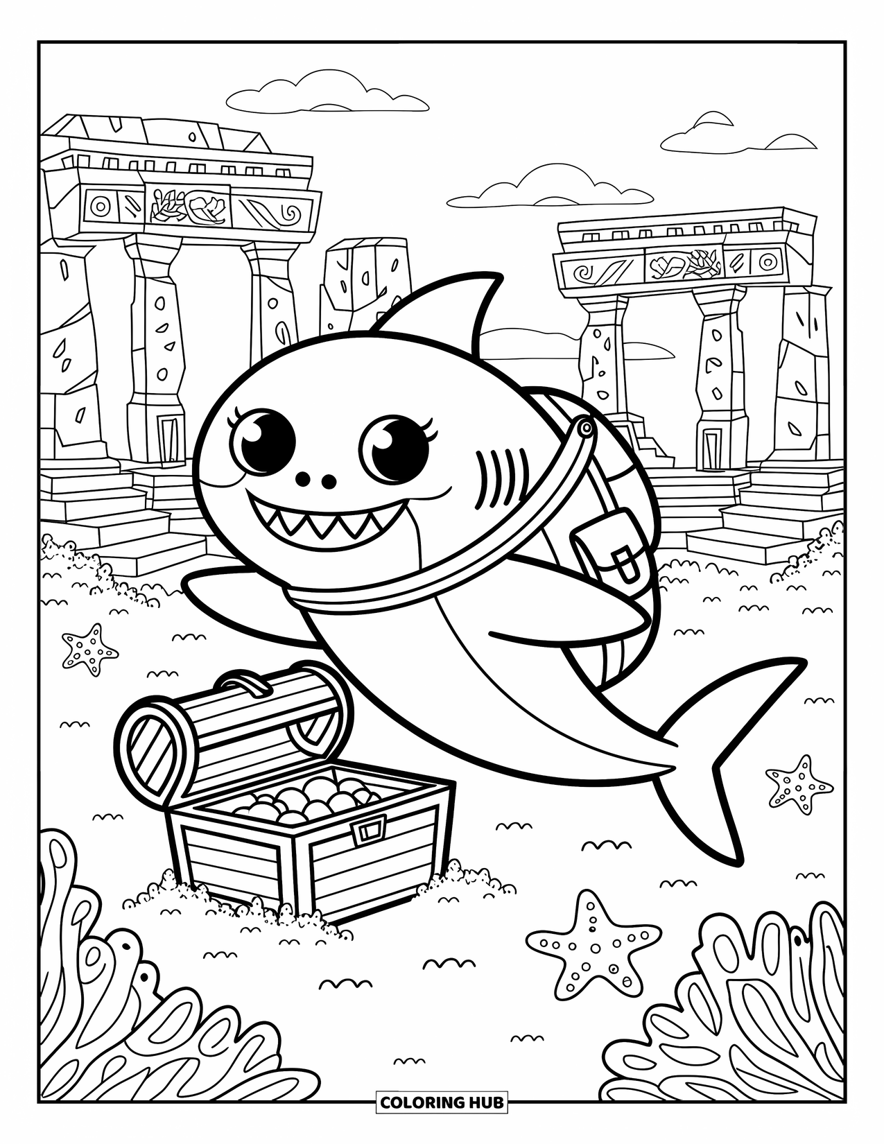 Hai Ausmalbild für Erwachsene: Ein winziger Hai-Abenteurer entdeckt einen Schatz in der Nähe alter Meeressteine