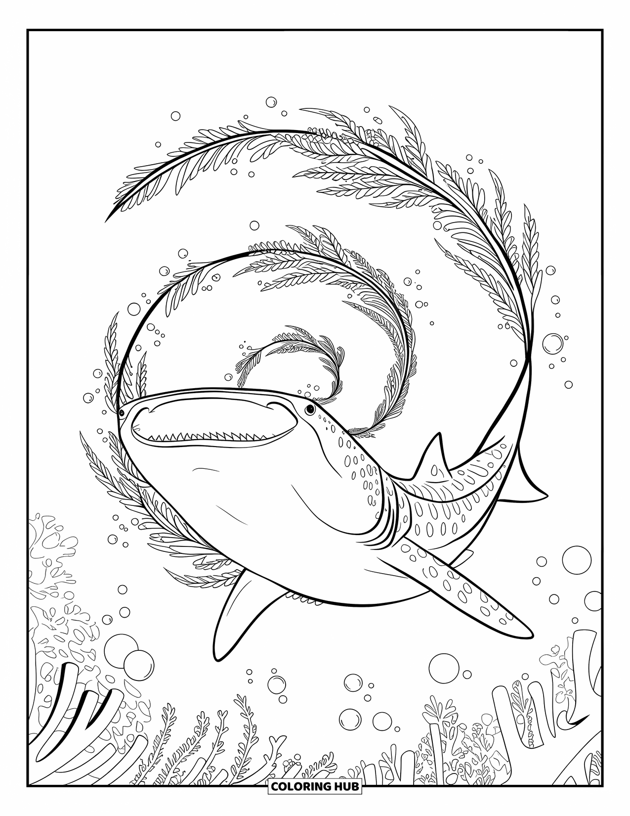 Hai-Ausmalbild für Erwachsene: Ein Walhai mit breitem Maul schwimmt friedlich in einer Spirale mit Blasen und Algen