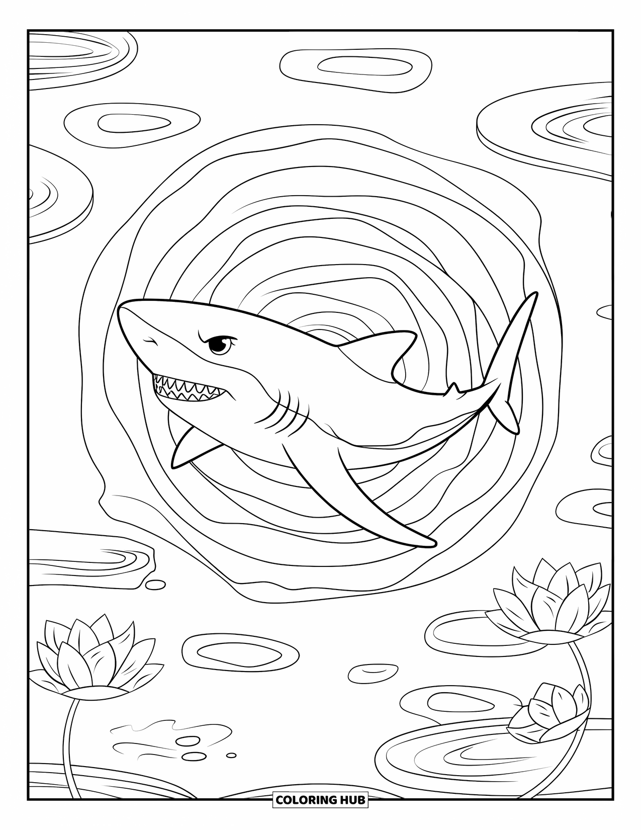 Hai Ausmalbild für Erwachsene: Ein Zen-Stil-Hai schwimmt durch Lotusformen und konzentrische Wellen in ruhigen Gewässern