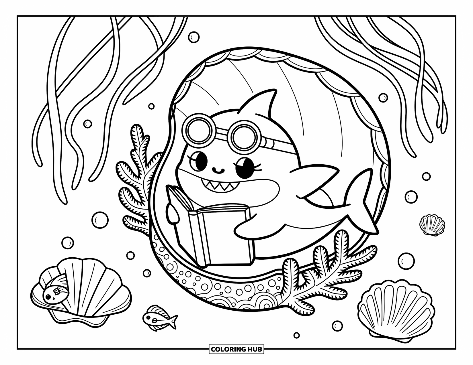 Hai Ausmalbild für Erwachsene: Ein entzückender Hai mit Schutzbrille liest ein Buch in einer gemütlichen Riffecke