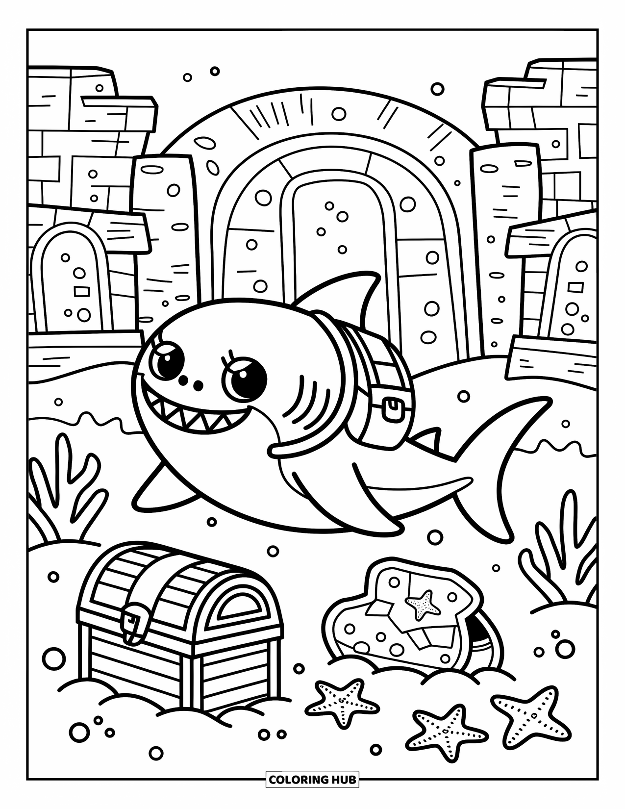 Hai Ausmalbild für Erwachsene: Ein Entdecker-Hai mit einem Rucksack findet eine Schatztruhe