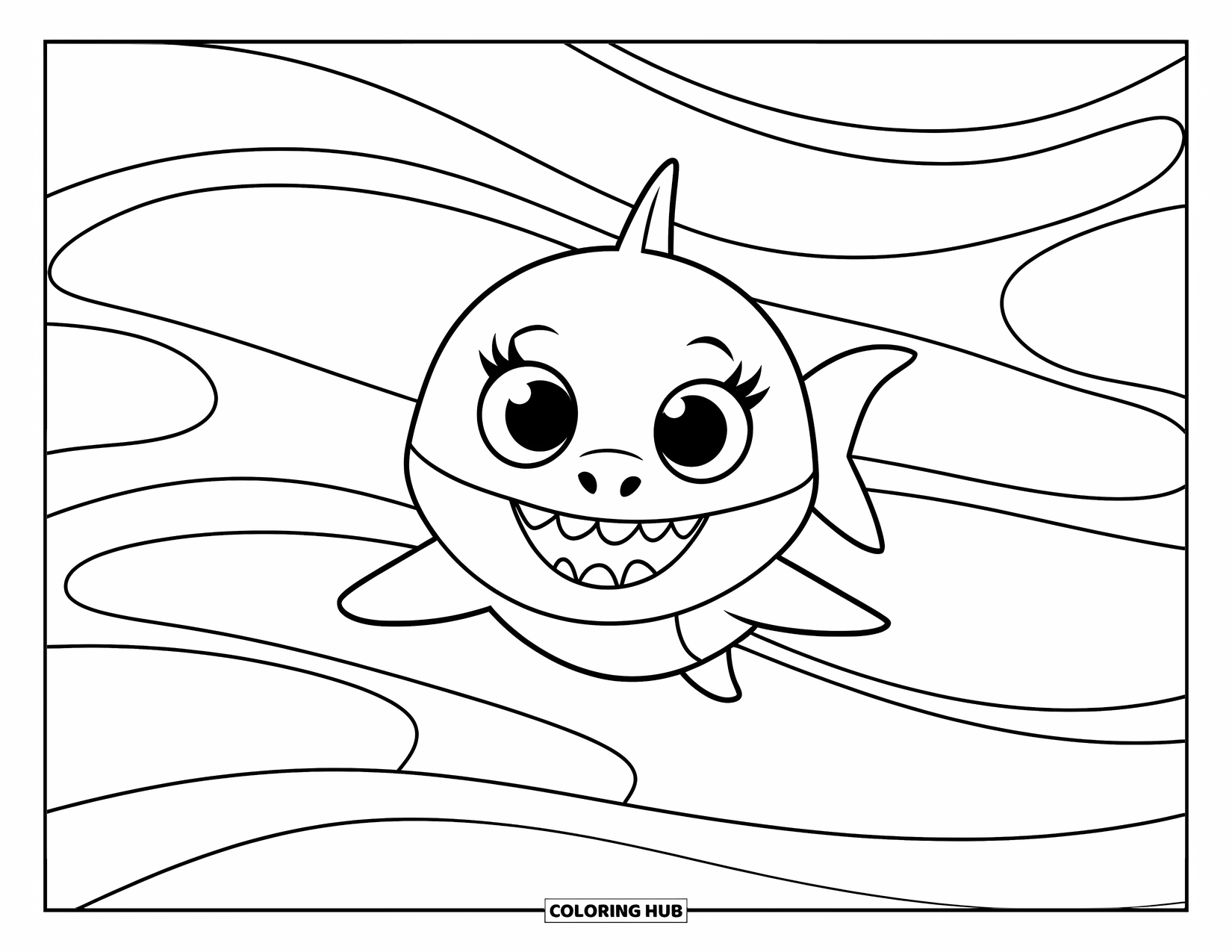 Hai Ausmalbild für Kinder: Ein Baby-Hai schwimmt mit einem fröhlichen Grinsen über sanften Wellen