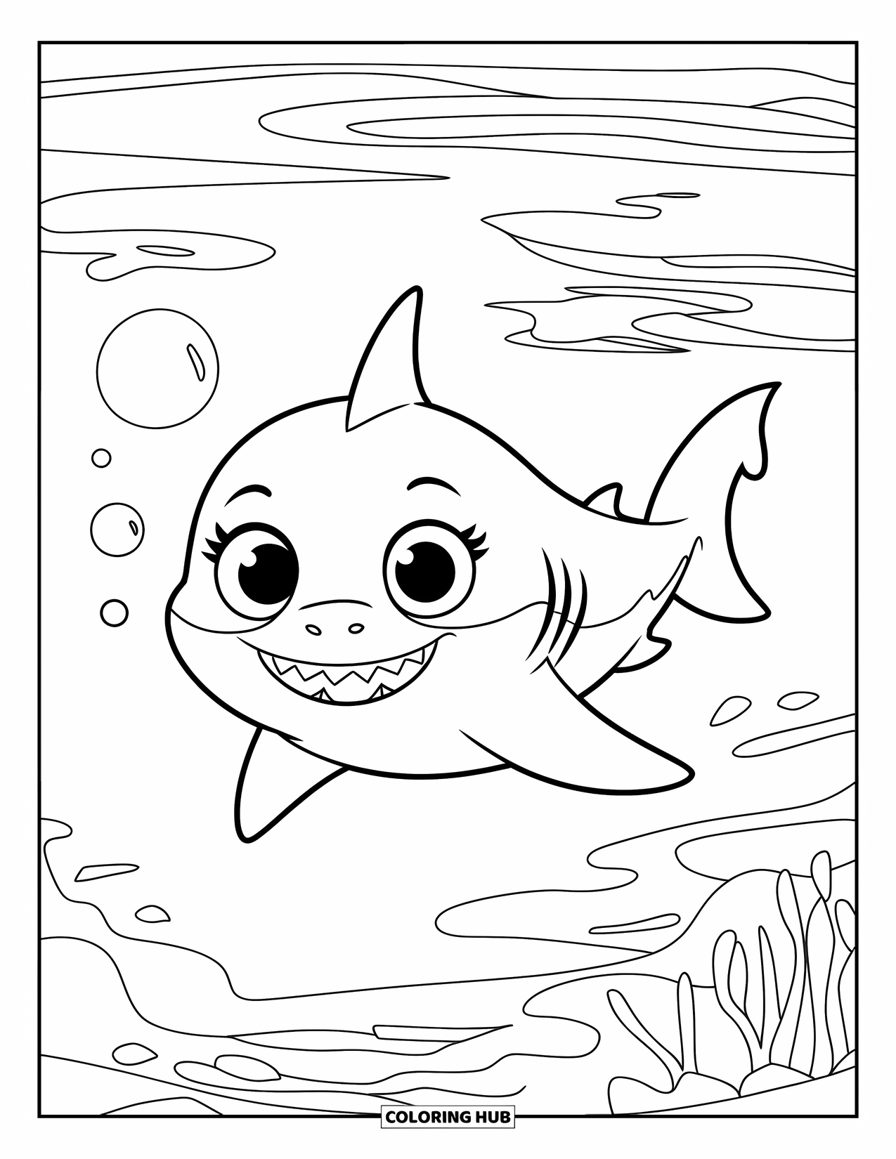 Hai Ausmalbild für Kinder: Ein Baby-Hai mit großen Augen schwimmt im Kreis, umgeben von schwebenden Blasen