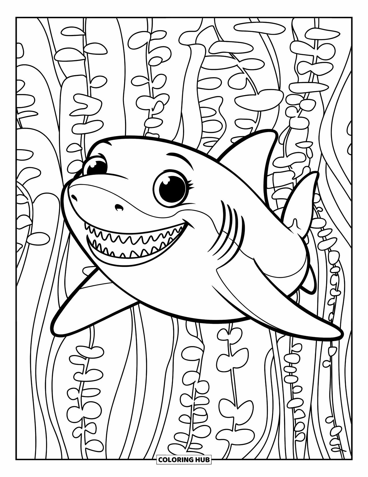 Hai Ausmalbild für Kinder: Ein Hai mit großen Augen gleitet durch einen Wald aus fließendem Tang