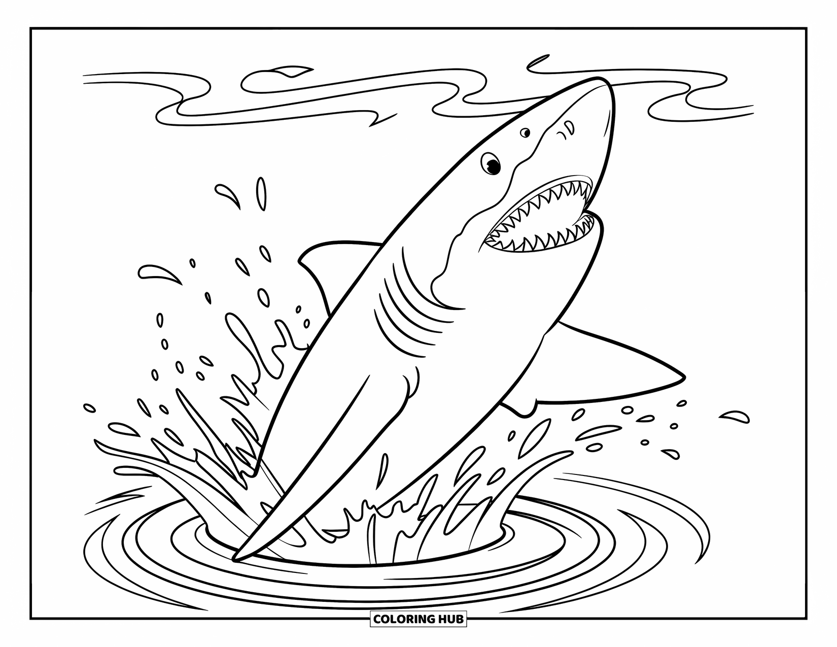 Hai Ausmalbild für Kinder: Ein durchbrechender Hai bricht aus dem Wasser, umgeben von Wellen