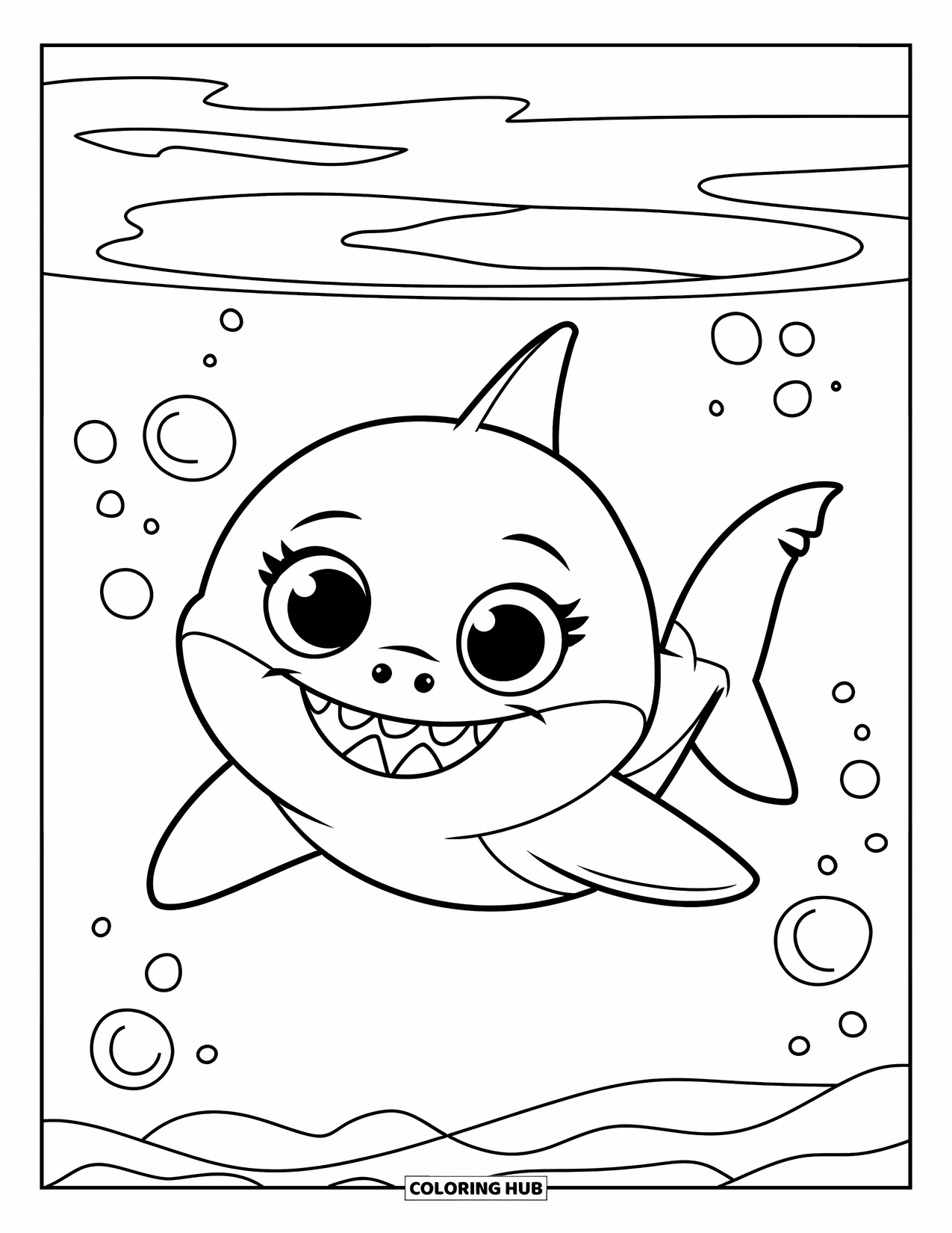 Hai Ausmalbild für Kinder: Ein fröhlicher Baby-Hai schwimmt in ruhigem Wasser mit ein paar Blasen in der Nähe
