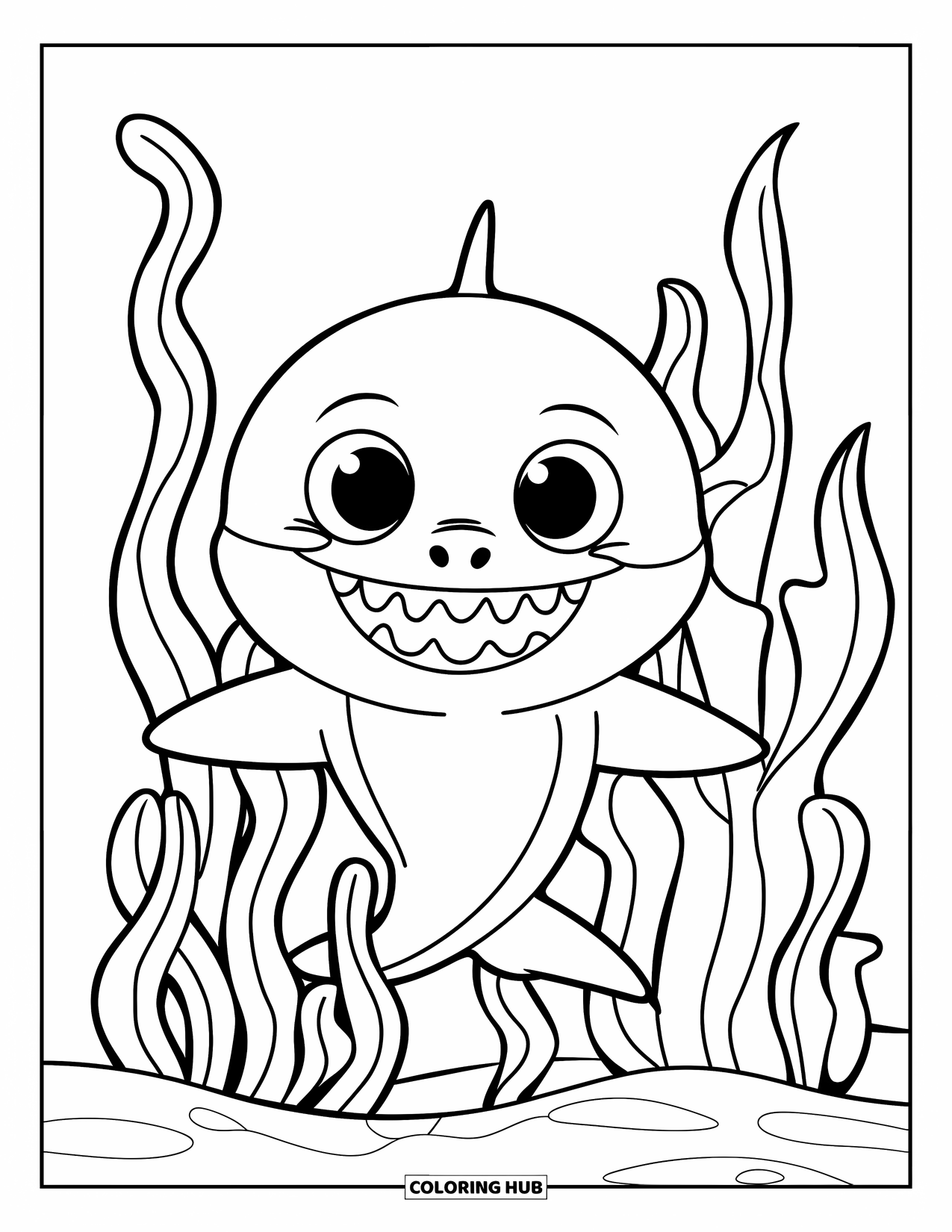 Hai Ausmalbild für Kinder: Ein neugieriger Baby-Hai versteckt sich mit weit geöffnetem Maul im Seetang