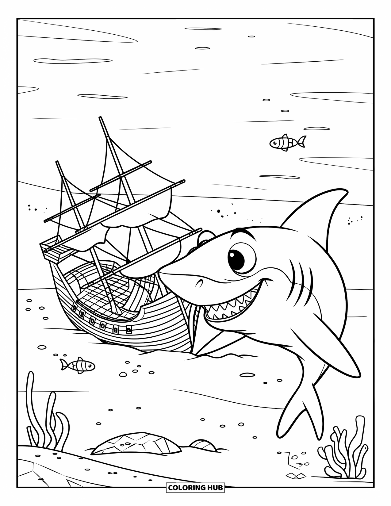 Hai Ausmalbild für Kinder: Ein neugieriger Hai inspiziert ein vergrabenes Piratenschiff mit verstreutem Schatz