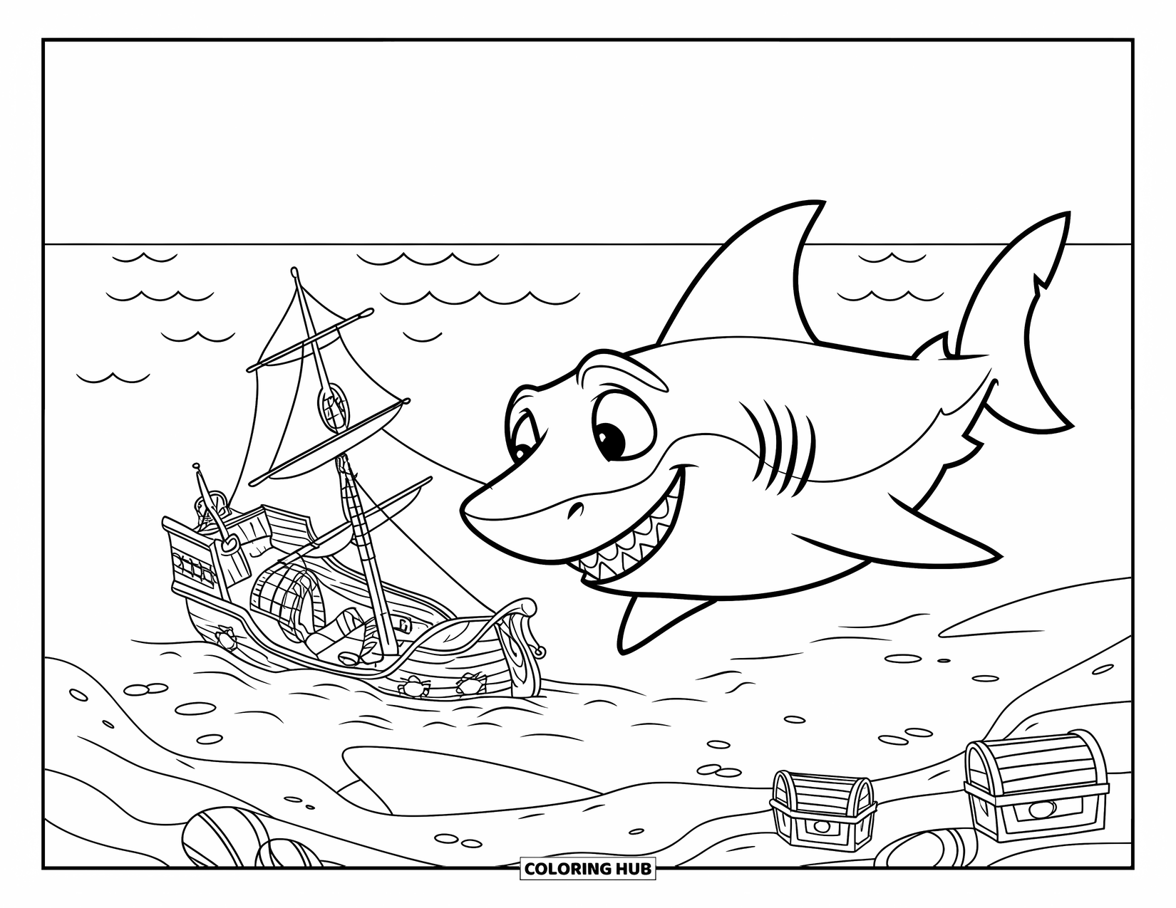Hai Ausmalbild für Kinder: Ein neugieriger Hai inspiziert ein versunkenes Piratenschiff und den nahegelegenen Schatz