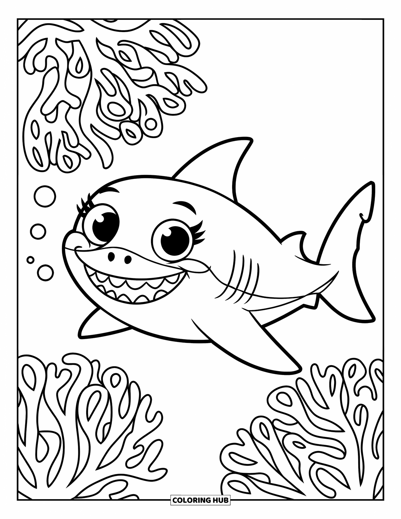 Hai Ausmalbild für Kinder: Ein süßer Hai lächelt, während er an Korallen und winzigen Blasen vorbeigleitet