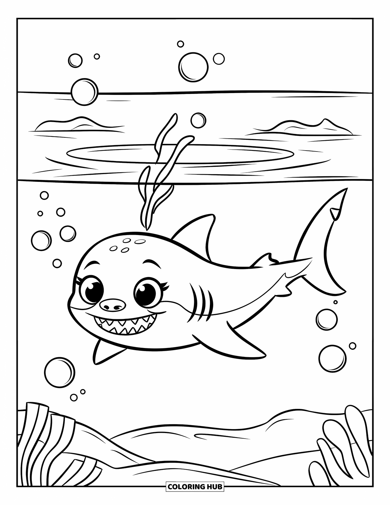 Hai Ausmalbild für Kinder: Ein freundlicher Baby-Hai gleitet allein in friedlichem Wasser mit Blasen darüber