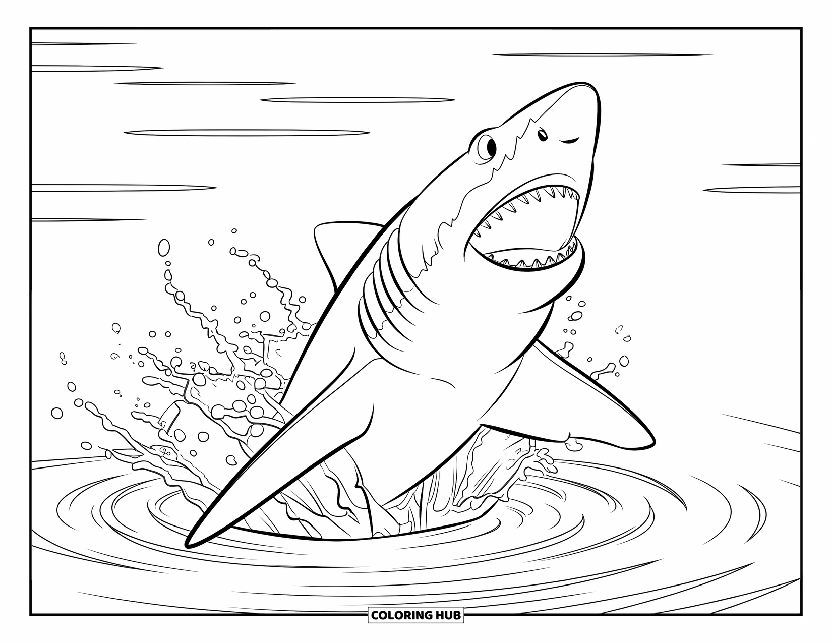Hai Ausmalbild für Kinder: Ein großer weißer Hai springt mit einem großen Platschen aus dem Meer