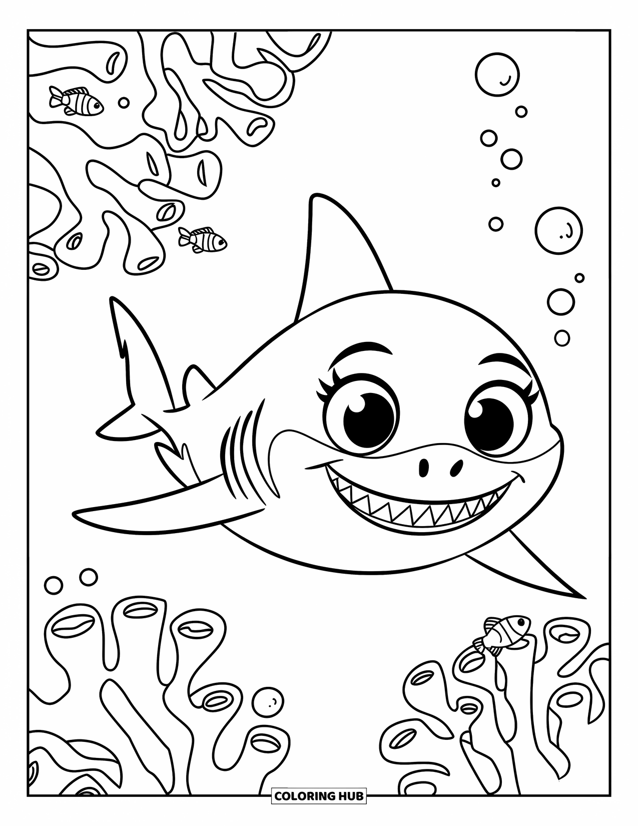 Hai Ausmalbild für Kinder: Ein grinsender Hai gleitet an Korallen und kleinen Fischen in der Tiefsee vorbei