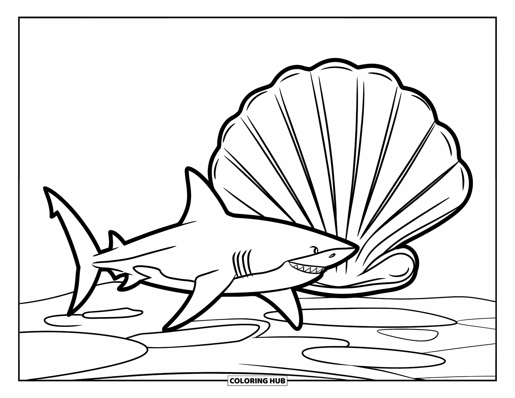 Hai Ausmalbild für Kinder: Ein glücklicher Hai schwimmt in der Nähe einer riesigen Muschel auf dem sandigen Boden