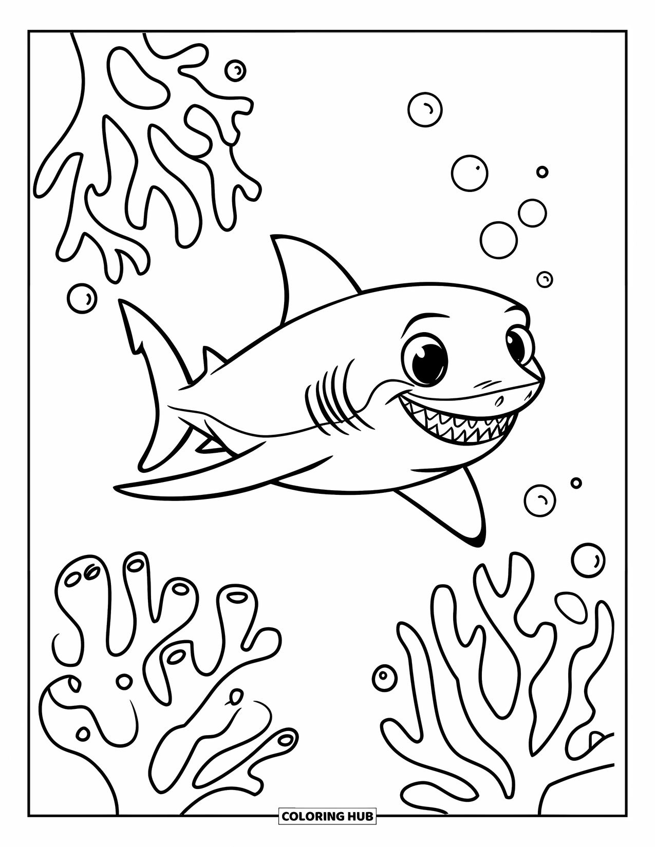 Hai Ausmalbild für Kinder: Ein glücklicher Hai schwimmt an Korallenästen vorbei, wobei Blasen in der Nähe aufsteigen