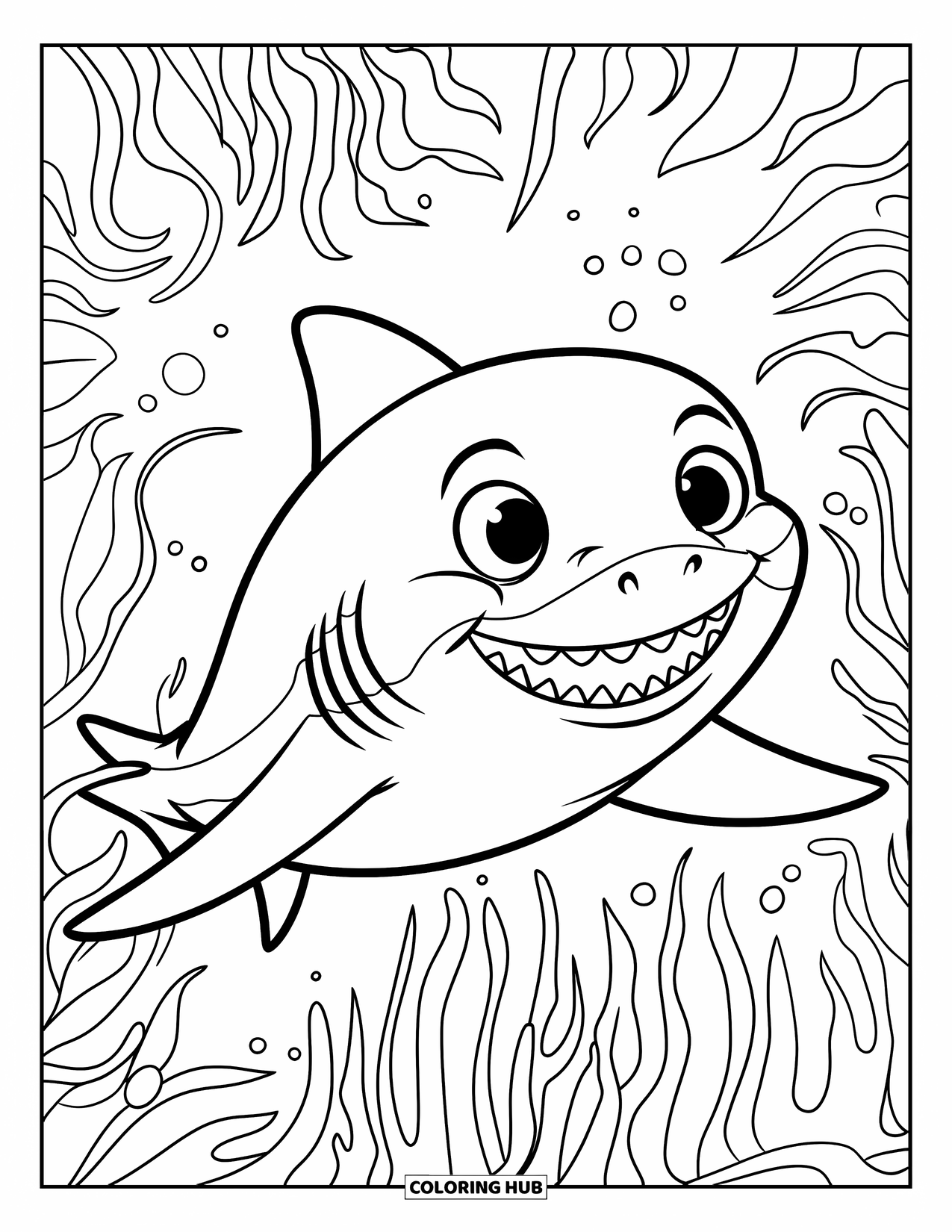Hai Ausmalbild für Kinder: Ein glücklicher Hai schwimmt durch hohen, welligen Tang im Ozean