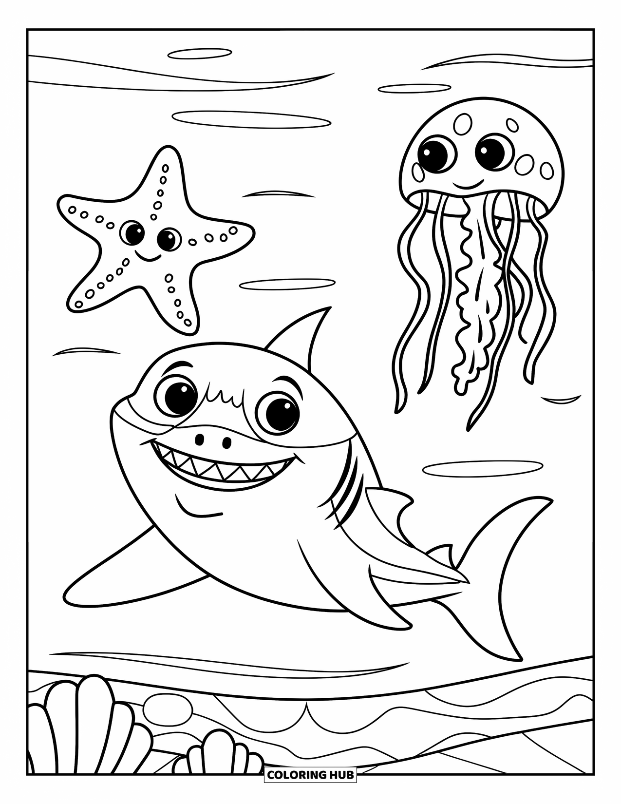 Hai Ausmalbild für Kinder: Ein glücklicher Hai schwimmt mit einer Qualle und einem Seestern in sanften Meereswellen